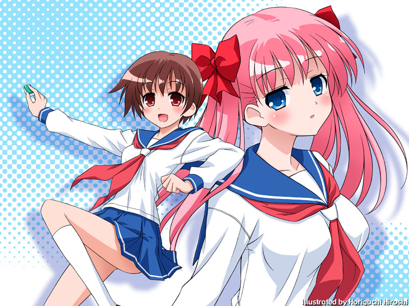 horiguchi hiroshi, haramura nodoka, miyanaga saki, saki (manga), 00s, brown hair, neckerchief, pink hair, red neckerchief, school uniform, serafuku, twintails