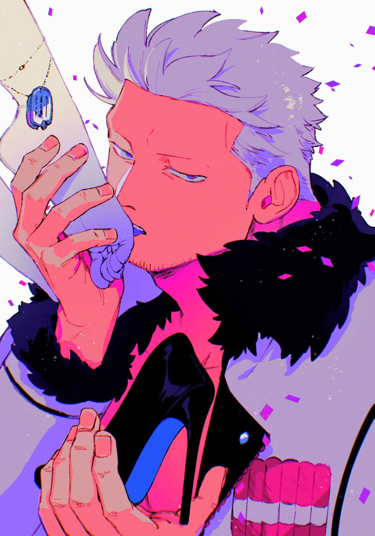 kabane (rjev8385), smoker (one piece), one piece, original, commentary request, highres, 1boy, 1girl, black shoes, cigar, confetti, facial hair, fur-trimmed jacket, fur trim, hetero, high heels, holding, holding another's foot, holding shoes, holding unworn clothes, jacket, licking, licking foot, looking down, male focus, mature male, muscular, muscular male, oc x canon, open clothes, open jacket, out of frame, purple eyes, shoes, short hair, sideburns, solo focus, unworn shoes, upper body, white background, white hair, white jacket