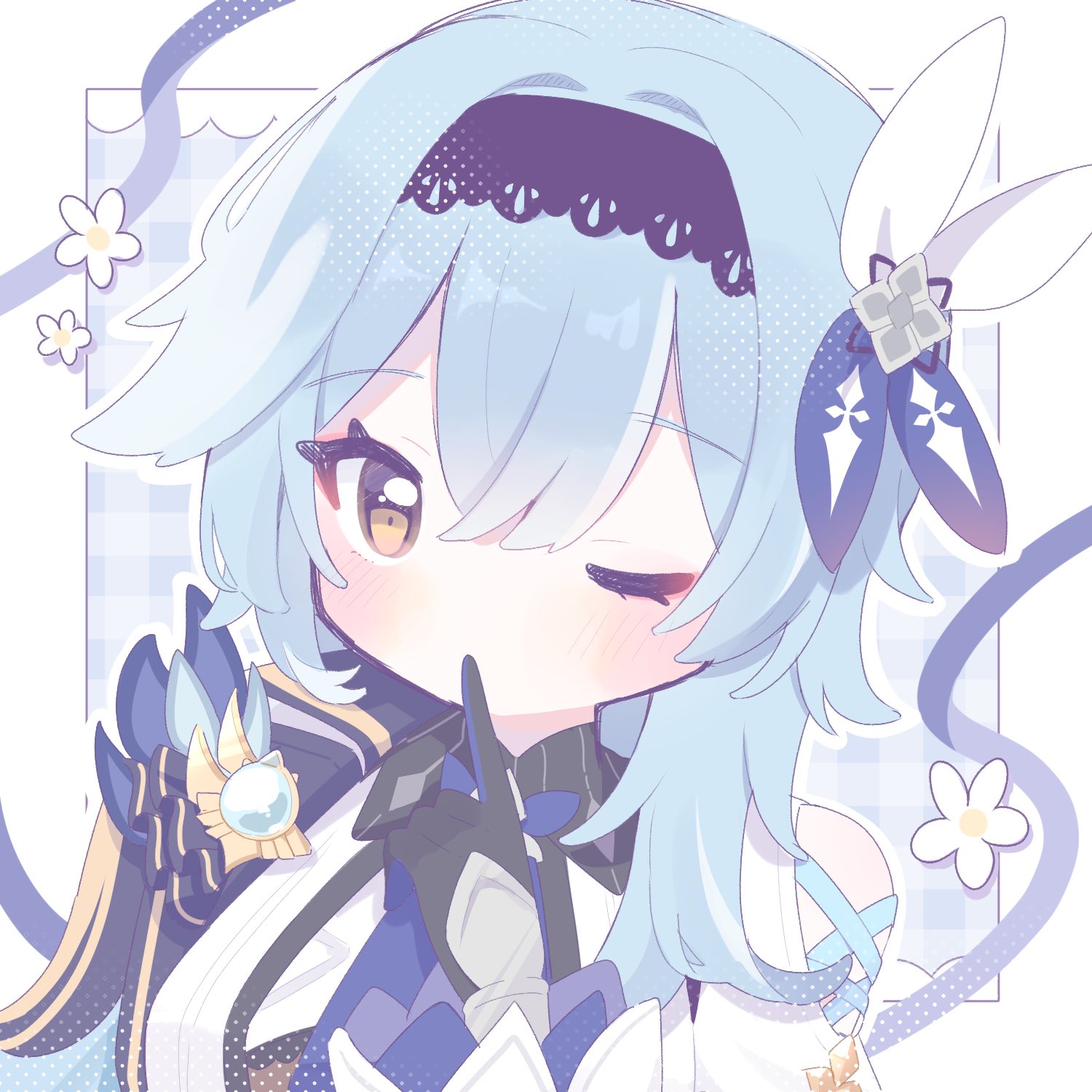 eula (genshin impact), genshin impact, commentary request, highres, 1girl, black gloves, black hairband, blue hair, blue necktie, finger to mouth, gloves, hair ornament, hairband, long sleeves, looking at viewer, necktie, one eye closed, pon (pp 0u0), shushing, solo, upper body, vision (genshin impact), yellow eyes