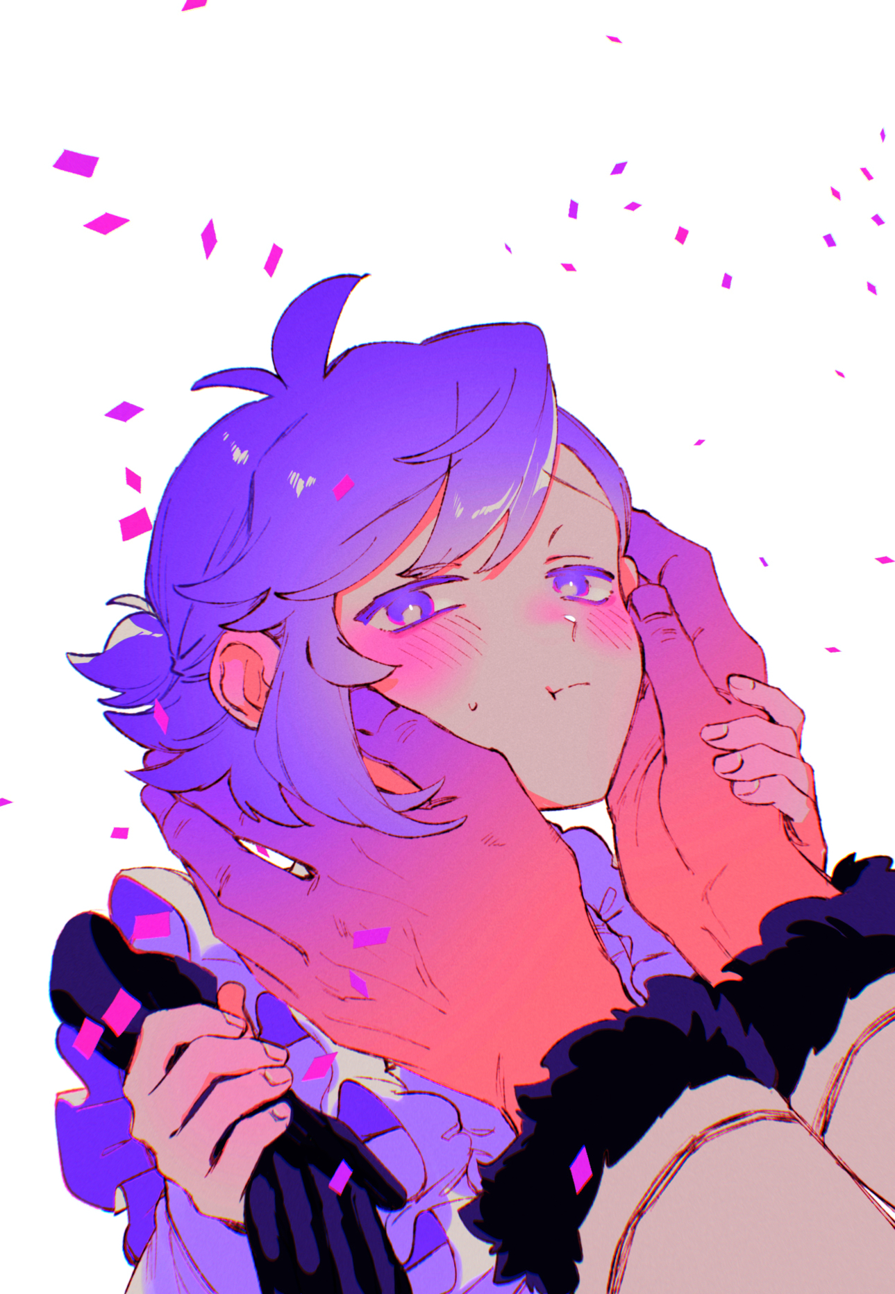 kabane (rjev8385), smoker (one piece), one piece, original, commentary request, highres, 1boy, 1girl, :t, antenna hair, black gloves, blush, confetti, embarrassed, frilled shirt, frills, fur-trimmed sleeves, fur trim, gloves, hands on another's cheeks, hands on another's face, holding, holding gloves, holding unworn clothes, long sleeves, oc x canon, out of frame, pout, purple eyes, purple hair, shirt, short hair, small sweatdrop, swept bangs, unworn gloves, white background, white shirt