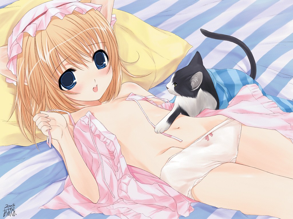 1girl, animal ears, blue eyes, brown hair, cat, cat ears, female focus, flat chest, loli, panties, solo, underwear