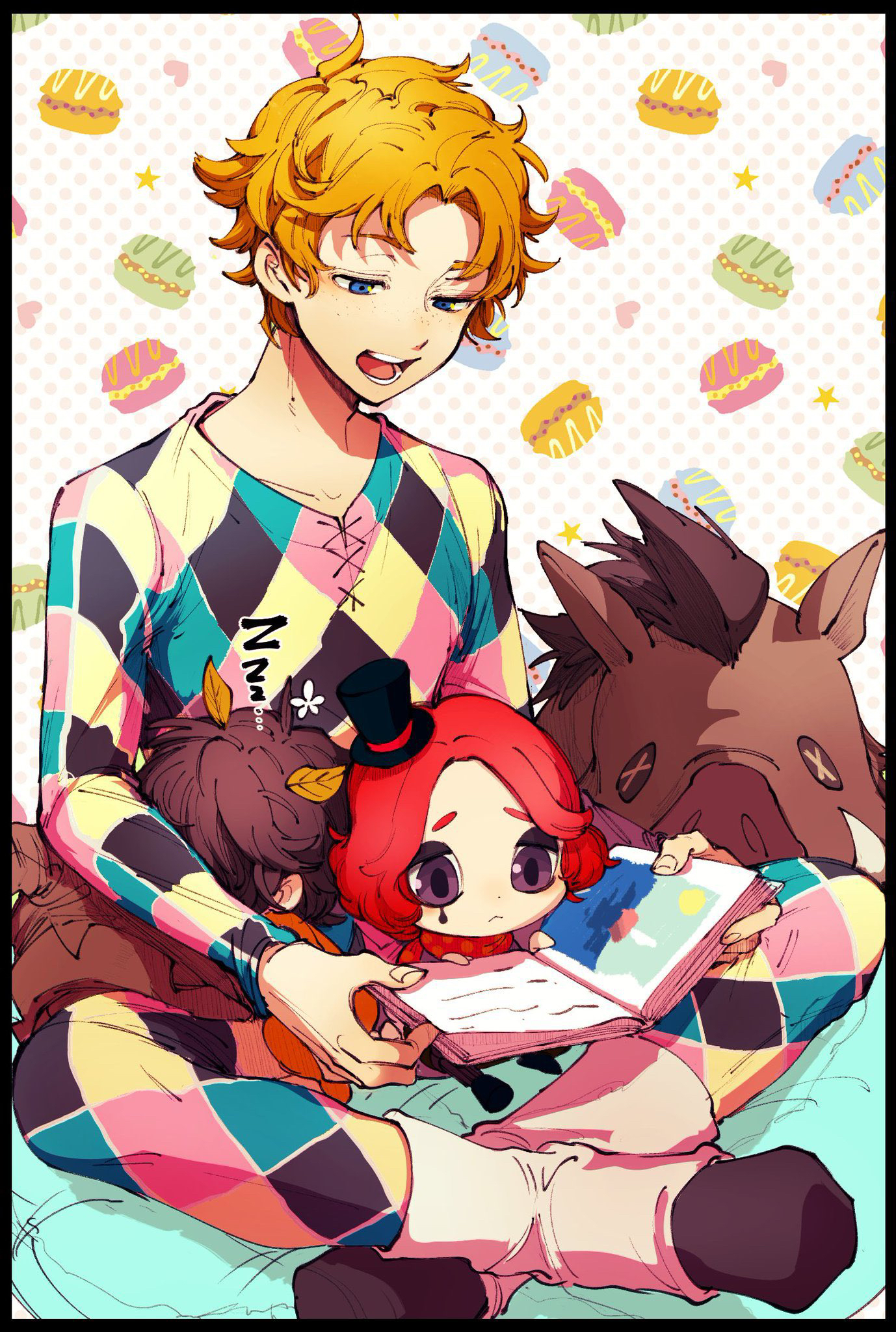 bububuki, mike morton, weeping clown (identity v), identity v, highres, 3boys, :<, blonde hair, blue eyes, boar, book, brown hair, button eyes, buttons, chibi, facial mark, flower, freckles, full body, harlequin, hat, hat flower, holding, holding book, indian style, leaf in hair, looking at object, looking down, male focus, mini hat, mini top hat, multiple boys, murro (identity v), open mouth, picture book, purple eyes, red hair, sitting, top hat, unworn hat, unworn headwear