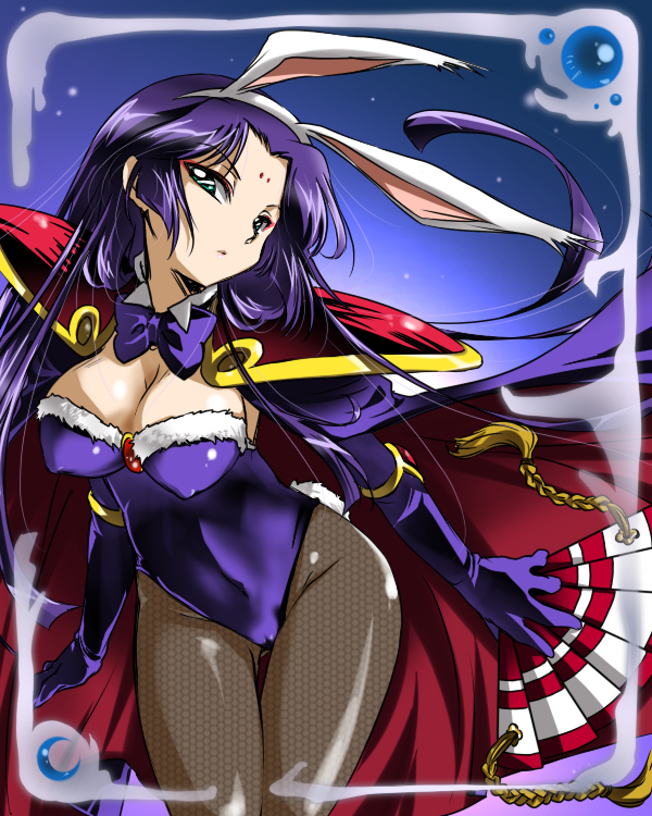 mochiko (x-game), kaguya (yaiba), yaiba, bad id, bad pixiv id, 1girl, animal ears, breasts, cleavage, elbow gloves, fake animal ears, female focus, gloves, green eyes, large breasts, long hair, pantyhose, playboy bunny, purple hair, rabbit ears, solo
