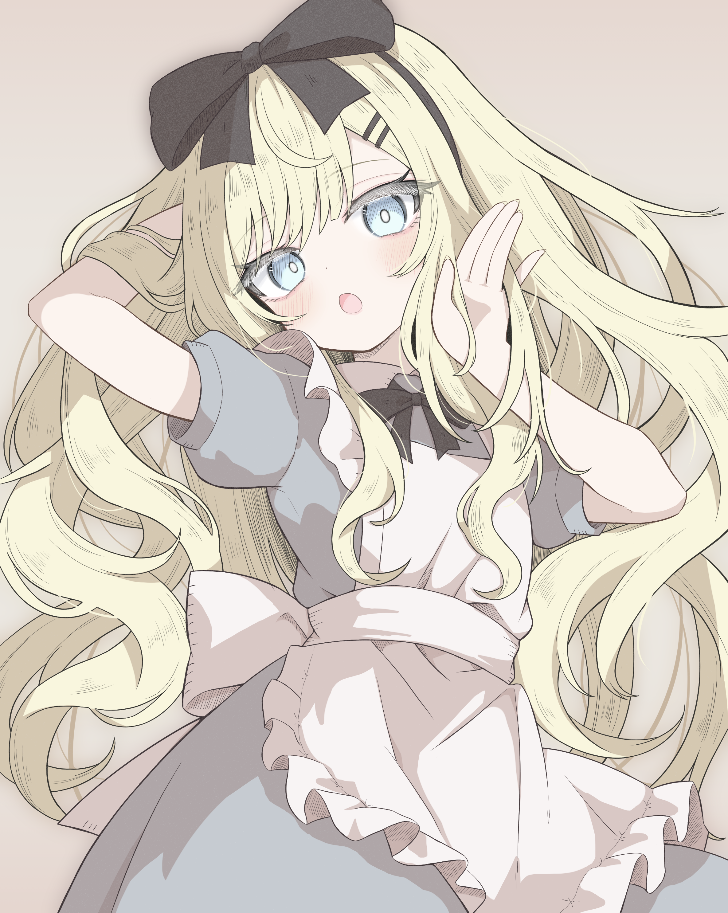mamiro, alice (alice in wonderland), alice's adventures in wonderland, absurdres, highres, 1girl, apron, black hairband, black ribbon, blonde hair, blue dress, blue eyes, blush, brown background, cowboy shot, dress, frilled apron, frills, hairband, long hair, looking at viewer, open mouth, ribbon, short sleeves, simple background, solo, wavy hair, white apron