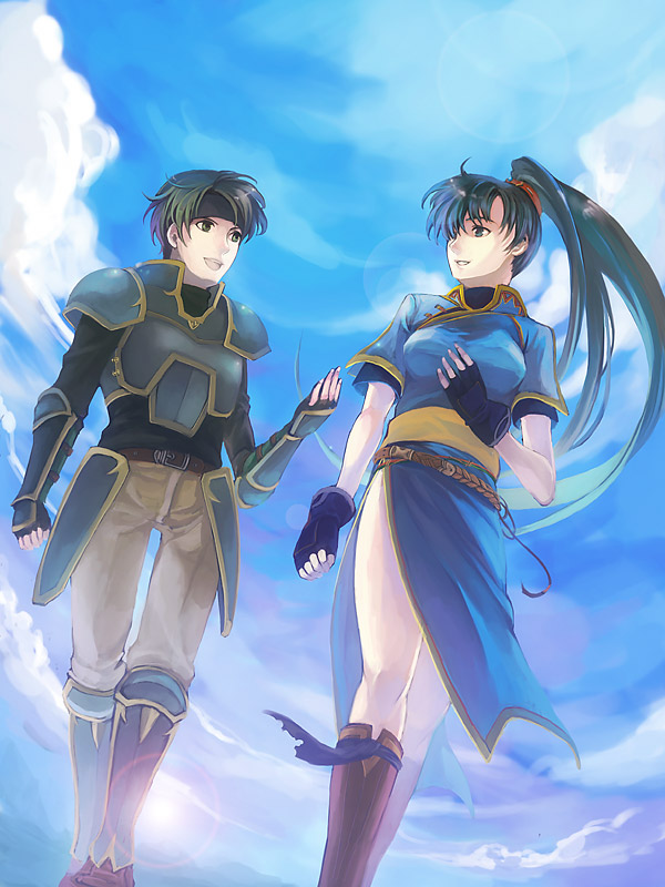 kaito (sawayakasawaday), lyn (fire emblem), sain (fire emblem), fire emblem, fire emblem: the blazing blade, nintendo, 1boy, 1girl, armor, boots, breasts, cloud, day, gloves, green eyes, green hair, headband, high ponytail, netorare, ponytail, sky, smile