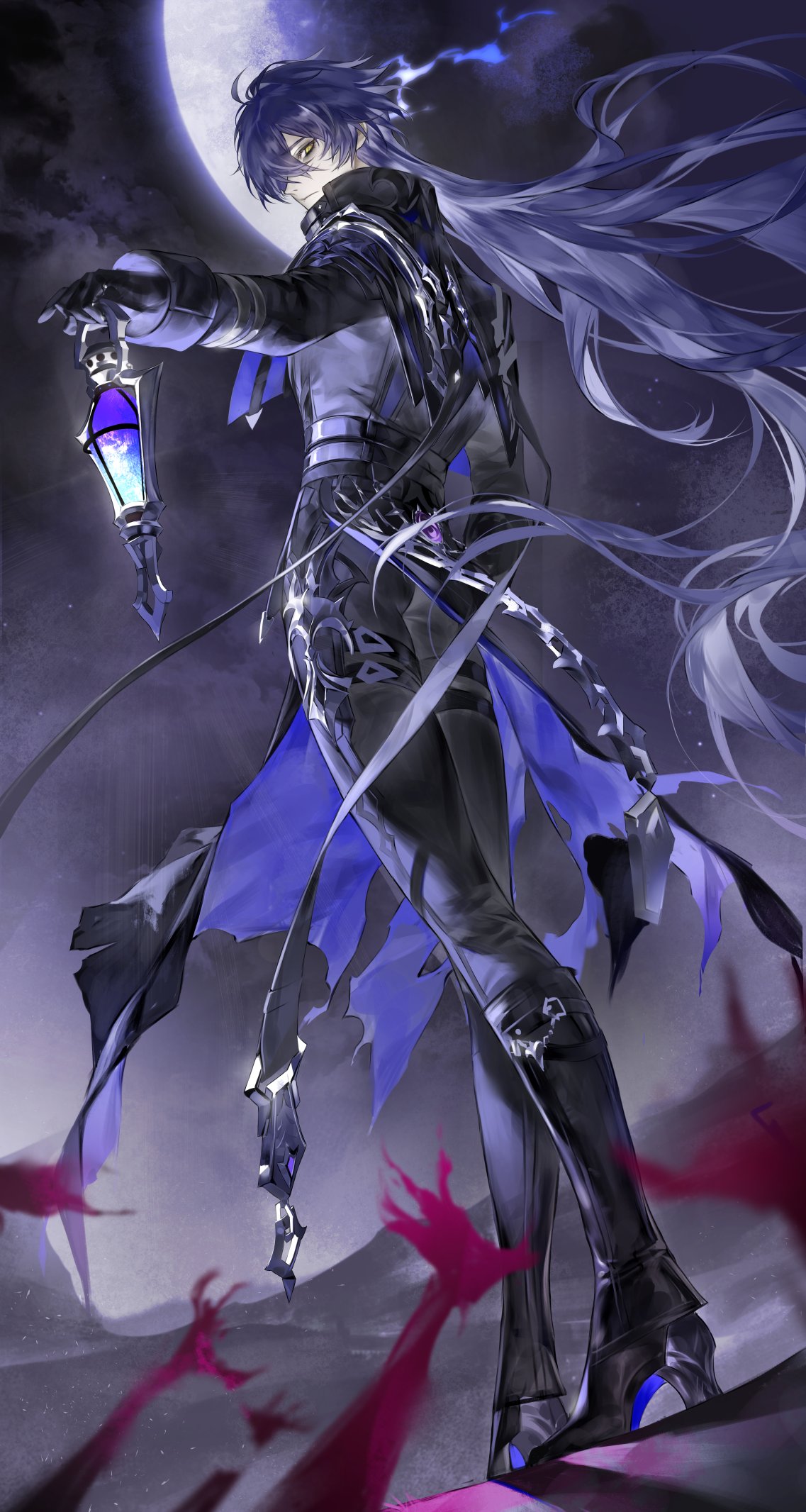 miemiebei, flins (genshin impact), genshin impact, highres, 1boy, ahoge, black boots, black coat, black gloves, black pants, black shoes, blue hair, boots, closed mouth, coat, empty eyes, floating hair, frown, full moon, gloves, gradient hair, grey hair, high heel boots, high heels, holding, holding lantern, lantern, long hair, long sleeves, looking back, male focus, moon, multicolored hair, outstretched arm, pants, shoes, sleeve cuffs, solo, torn clothes, two-sided coat, two-sided fabric, very long hair, yellow eyes