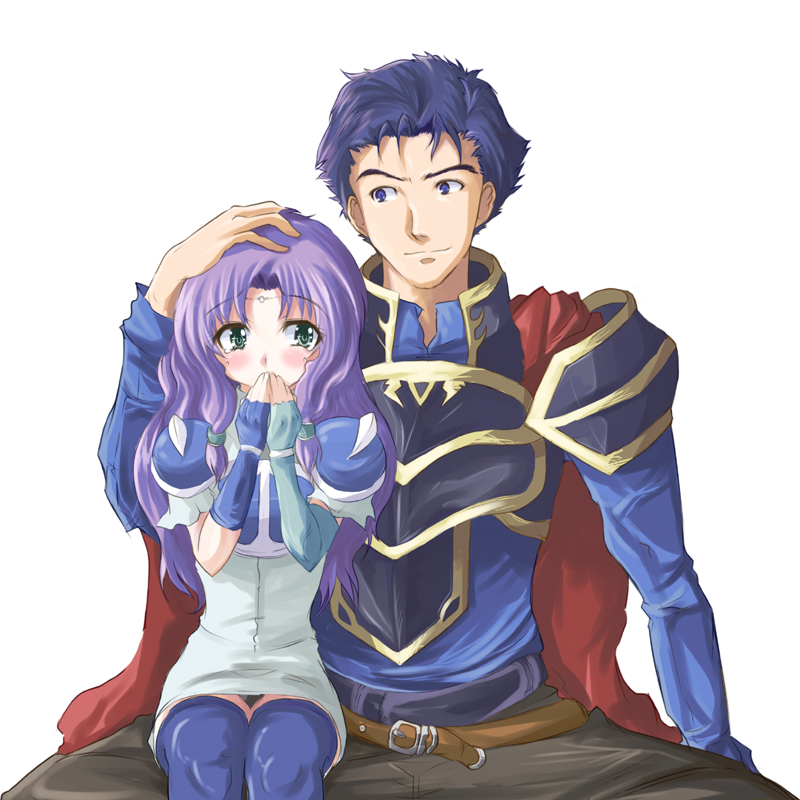 echizen (hvcv), florina (fire emblem), hector (fire emblem), fire emblem, fire emblem: the blazing blade, nintendo, hand on head, pegasus knight uniform (fire emblem), bad id, bad pixiv id, 1boy, 1girl, aqua eyes, armor, belt, blue eyes, blue hair, blush, boots, cape, circlet, couple, elbow gloves, fingerless gloves, gloves, green eyes, long hair, pants, purple hair, short hair, shy, sitting, smile, tears, thigh boots, thighhighs