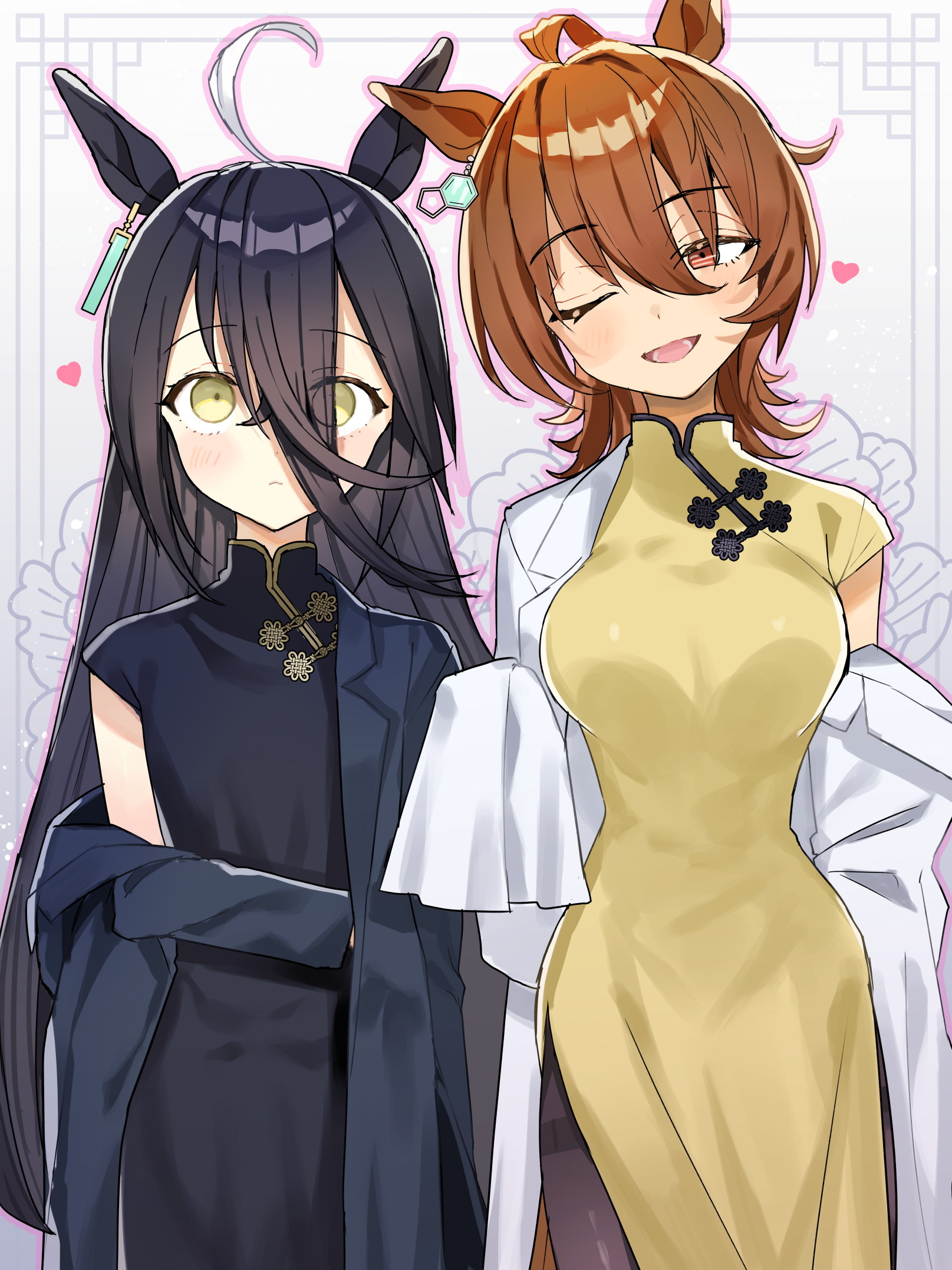 nochatea, agnes tachyon (umamusume), manhattan cafe (umamusume), umamusume, highres, 2girls, ;d, adapted costume, ahoge, animal ears, black coat, black dress, black hair, china dress, chinese clothes, coat, dress, ear tag, earrings, hair between eyes, head tilt, horse ears, horse girl, huge ahoge, jewelry, lab coat, long bangs, long hair, long hair between eyes, long sleeves, looking at another, looking at viewer, mandarin collar, multiple girls, one eye closed, open mouth, pelvic curtain, short sleeves, side slit, single earring, sleeves past fingers, sleeves past wrists, smile, white coat, white hair, wolf cut, yellow dress, yellow eyes