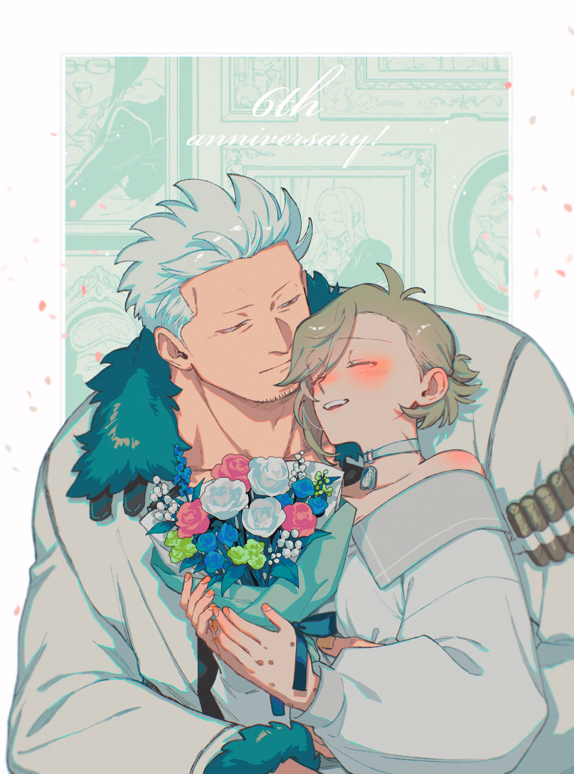 kabane (rjev8385), smoker (one piece), one piece, absurdres, commentary request, highres, 1boy, 1girl, anniversary, asymmetrical bangs, bare shoulders, blue flower, blush, border, bouquet, brown eyes, choker, cigarette burn, closed eyes, closed mouth, collarbone, couple, dog tags, facial hair, flower, flower wrapper, fur-trimmed jacket, fur-trimmed sleeves, fur trim, goatee stubble, green flower, grey hair, half-closed eyes, hand on another's waist, happy, happy tears, hetero, holding, holding bouquet, jacket, light smile, long sleeves, looking at another, o-ring, o-ring choker, oc x canon, off-shoulder shirt, off shoulder, open mouth, pink flower, ponytail, puffy long sleeves, puffy sleeves, shirt, short hair, short ponytail, smile, stubble, swept bangs, tearing up, tears, teeth, upper body, upper teeth only, white border, white choker, white flower, white hair, white jacket, white shirt