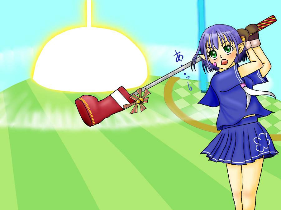 hana, hana (pangya), pangya, bad id, bad pixiv id, 1girl, bad anatomy, elf, female focus, gloves, golf club, green eyes, pointy ears, poorly drawn, purple hair, school uniform, short hair, solo