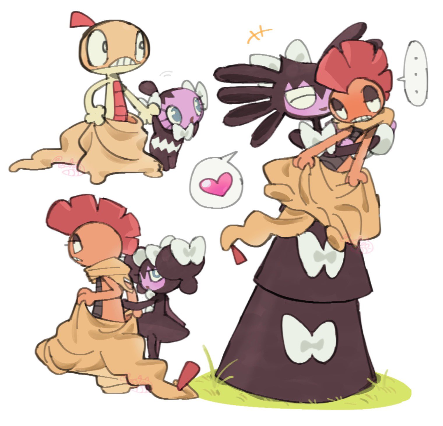 gothita, gothitelle, gothorita, scrafty, scraggy, nintendo, pokemon, highres, …, black dress, botanipop, colored skin, dress, evolutionary line, gen 5 pokemon, grass, grey background, heart, pink skin, pokemon (creature), simple background, speech bubble