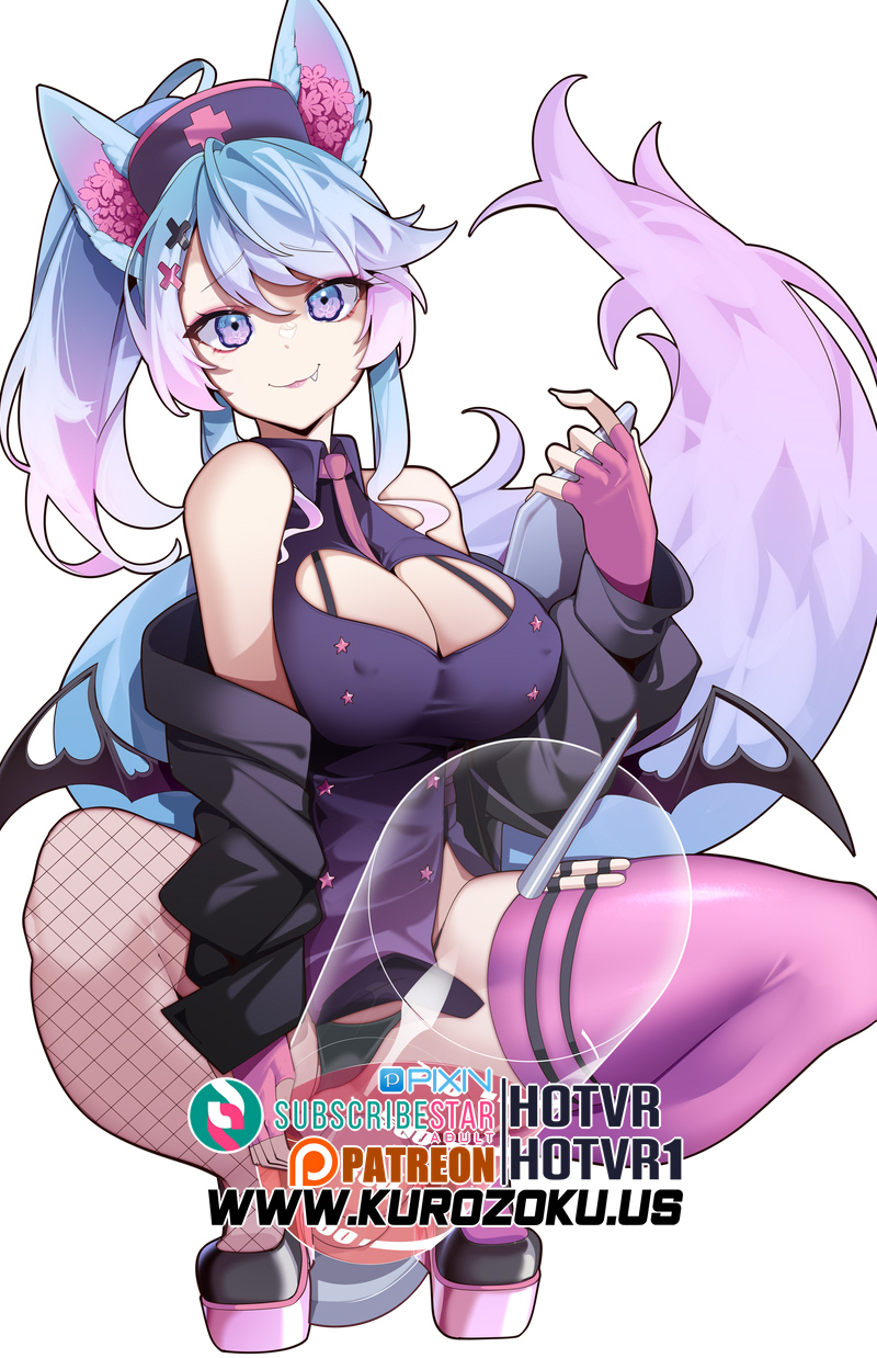 hot vr, silvervale, silvervale (nurse), indie virtual youtuber, commentary, english commentary, highres, 1girl, animal ears, artist name, black jacket, black panties, black thighhighs, black wings, blue eyes, blue hair, breasts, cleavage, cleavage cutout, clipboard, closed mouth, clothing cutout, collared dress, covered erect nipples, cross, cross hair ornament, cross print, demon wings, dress, ear flower, eyeshadow, fang, fang out, fingerless gloves, fishnet thighhighs, fishnets, flower-shaped pupils, gloves, gradient eyes, gradient hair, gradient tail, hair between eyes, hair ornament, hairclip, hat, heart cutout, high ponytail, holding, holding clipboard, jacket, large breasts, long hair, long sleeves, looking at viewer, makeup, mismatched thighhighs, multicolored eyes, multicolored hair, necktie, nurse cap, oversized object, panties, patreon logo, patreon username, pink eyes, pink eyeshadow, pink gloves, pink hair, pink lips, pink necktie, pink shoes, pink thighhighs, pixiv logo, pixiv username, ponytail, pouch, purple dress, purple hat, riding, shoes, simple background, smile, solo, squatting, subscribestar logo, subscribestar username, symbol-shaped pupils, syringe, tail, thigh pouch, thighhighs, thighs, two-tone hair, underwear, virtual youtuber, watermark, web address, white background, wings, wolf ears, wolf girl, wolf tail
