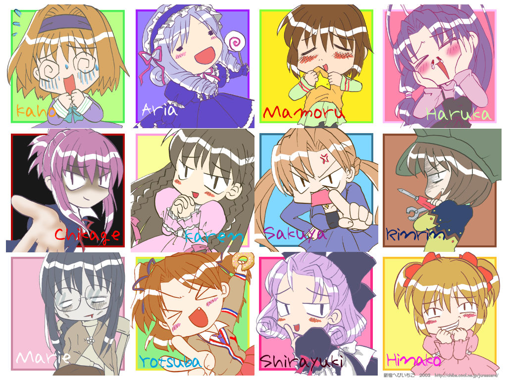 aria (sister princess), chikage (sister princess), haruka (sister princess), hinako (sister princess), kaho (sister princess), karen (sister princess), mamoru (sister princess), marie (sister princess), rinrin (sister princess), sakuya (sister princess), shirayuki (sister princess), yotsuba (sister princess), sister princess, > <, 00s, 6+girls, @ @, chibi, closed eyes, multiple girls