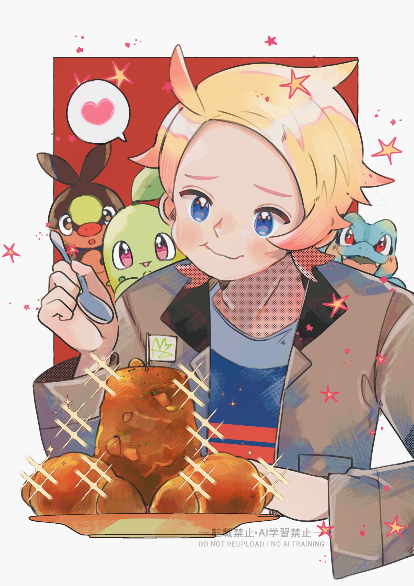 chikorita, tepig, totodile, urbain (pokemon), nintendo, pokemon, pokemon legends: z-a, commentary request, highres, 1boy, arm up, blonde hair, blue eyes, blue shirt, blush, brown jacket, chewing, closed mouth, crew neck, eating, fangs, food, gen 2 pokemon, gen 5 pokemon, gradient hair, heart, holding, holding spoon, jacket, long sleeves, male focus, multicolored hair, open clothes, open jacket, open mouth, pam0y0, pink hair, plate, pokemon (creature), print shirt, red eyes, shirt, short hair, smile, speech bubble, spoken heart, spoon, star (symbol), tongue, watermark