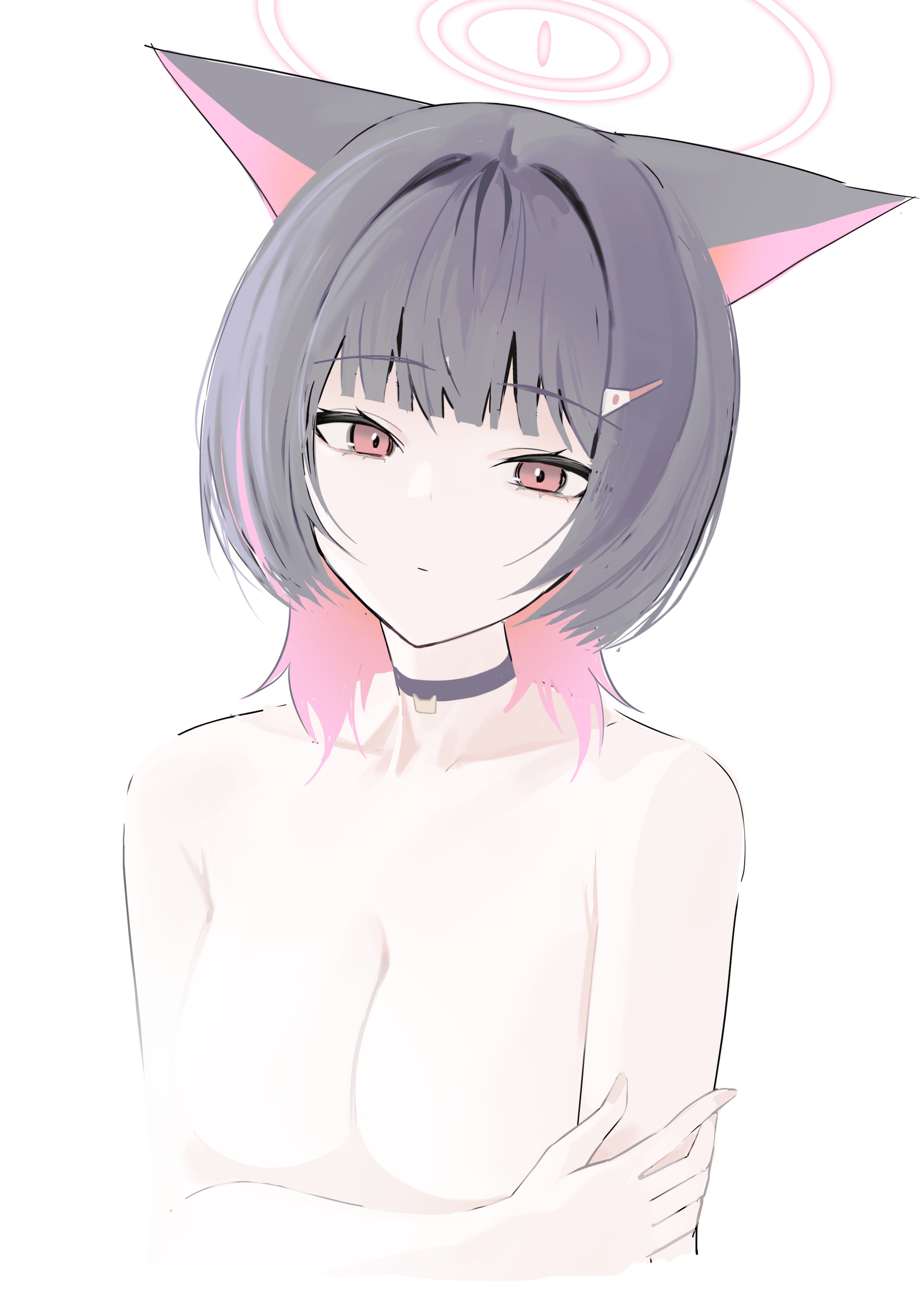 momocadraw, kazusa (blue archive), blue archive, absurdres, highres, 1girl, animal ears, black choker, cat choker, cat ears, cat girl, choker, colored inner animal ears, colored inner hair, extra ears, fading, halo, multicolored hair, pink hair, pink halo, simple background, solo, two-tone hair, upper body, white background