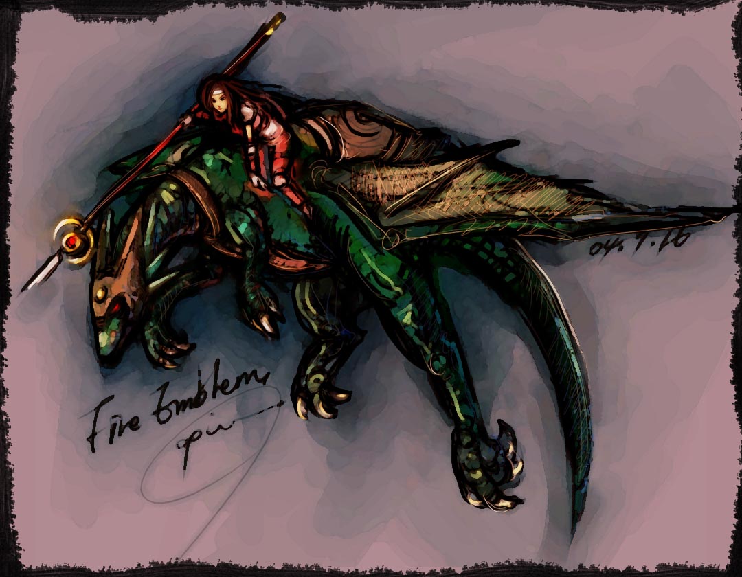 opiu, altena (fire emblem), fire emblem, fire emblem: genealogy of the holy war, nintendo, 1girl, armor, brown hair, dragon, female focus, from side, full armor, full body, gauntlets, lance, polearm, riding, scales, solo, weapon