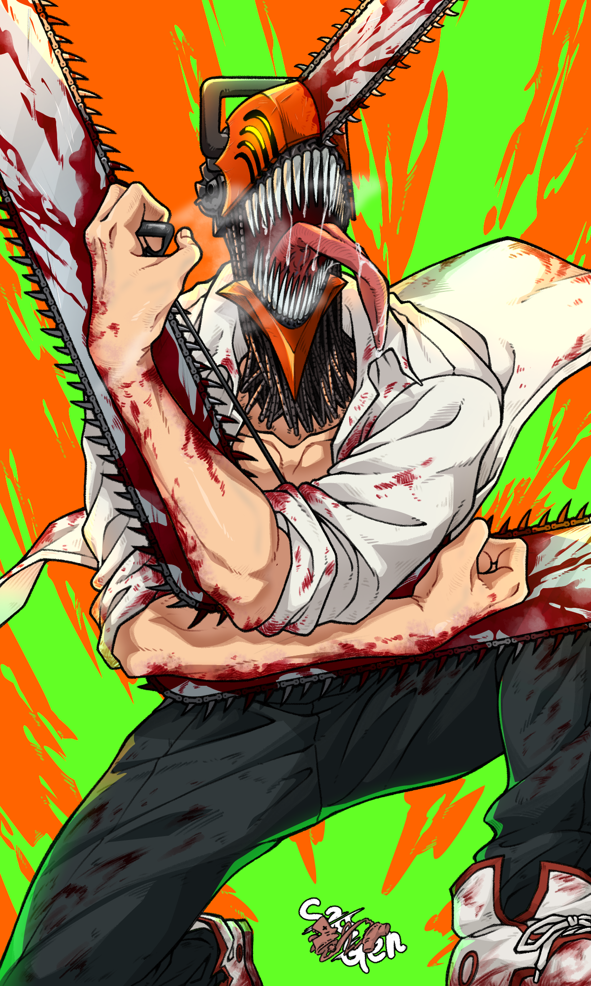 sagen0603, denji (chainsaw man), chainsaw man, highres, 1boy, alternate form, black pants, blood, blood on clothes, chainsaw, male focus, open mouth, pants, saliva, sharp teeth, shirt, solo, teeth, tongue, tongue out, white shirt