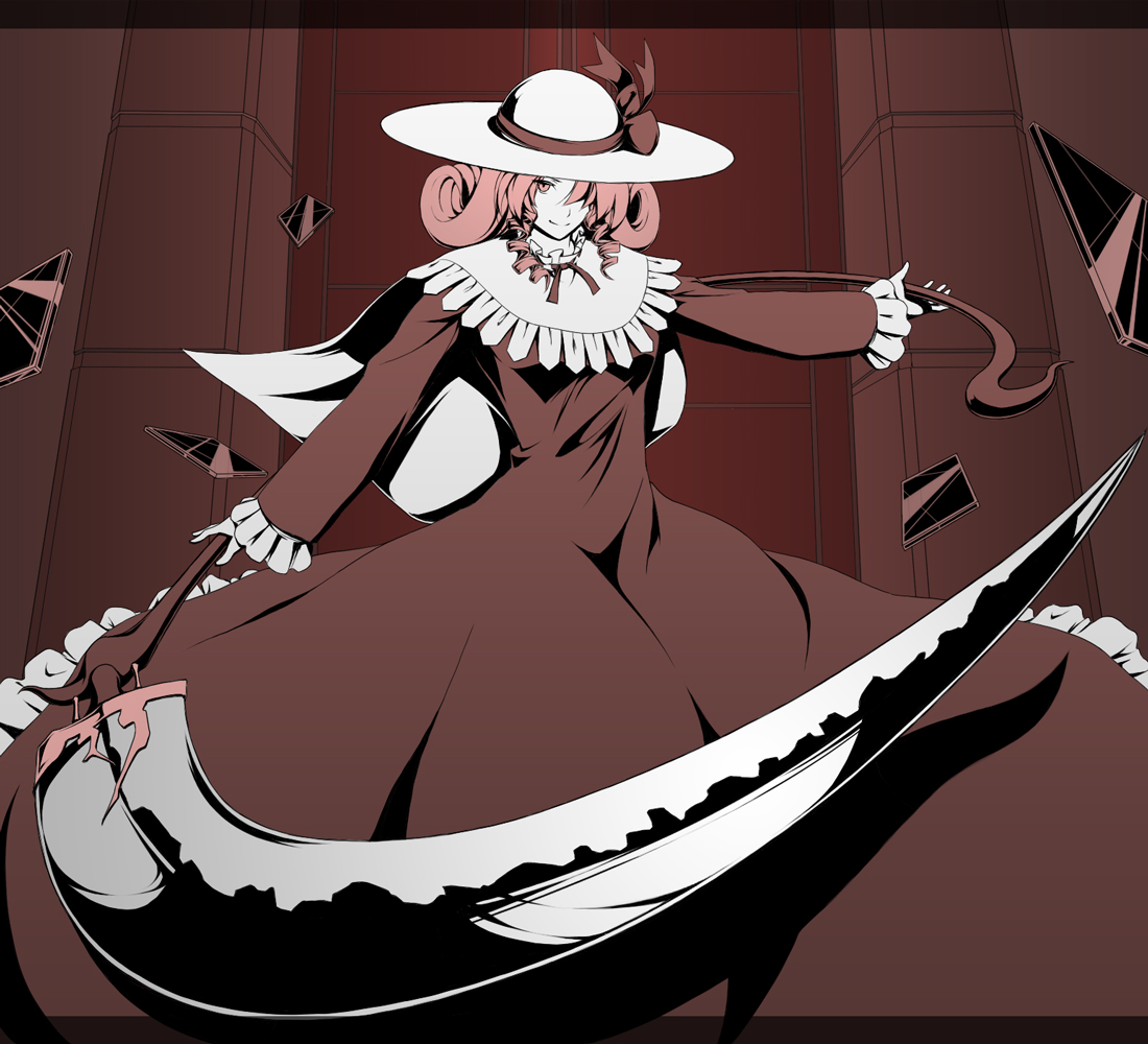 serene (gusarme), serene (pixiv66339), elly (touhou), lotus land story, touhou, touhou (pc-98), 1girl, bow, brown background, brown dress, brown theme, dress, female focus, hair over one eye, hat, high contrast, letterboxed, monochrome, ribbon, scythe, smile, solo