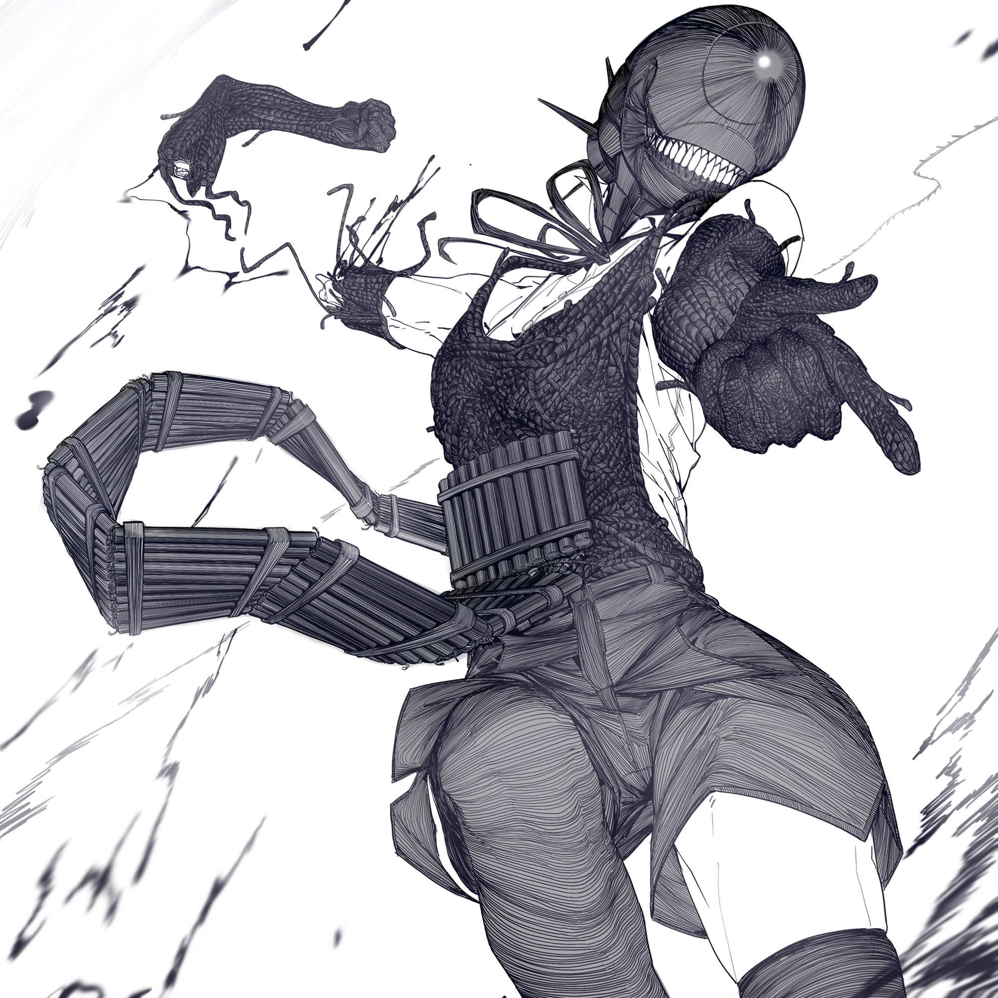 jaeb (kkrt0302), bomb devil (chainsaw man), chainsaw man, hashtag-only commentary, highres, 1girl, apron, dynamite, elbow gloves, explosive, gloves, greyscale, monochrome, neck ribbon, object head, pointing, ribbon, severed arm, severed limb, shirt, shorts, sleeveless, sleeveless shirt, solo, teeth, thighhighs
