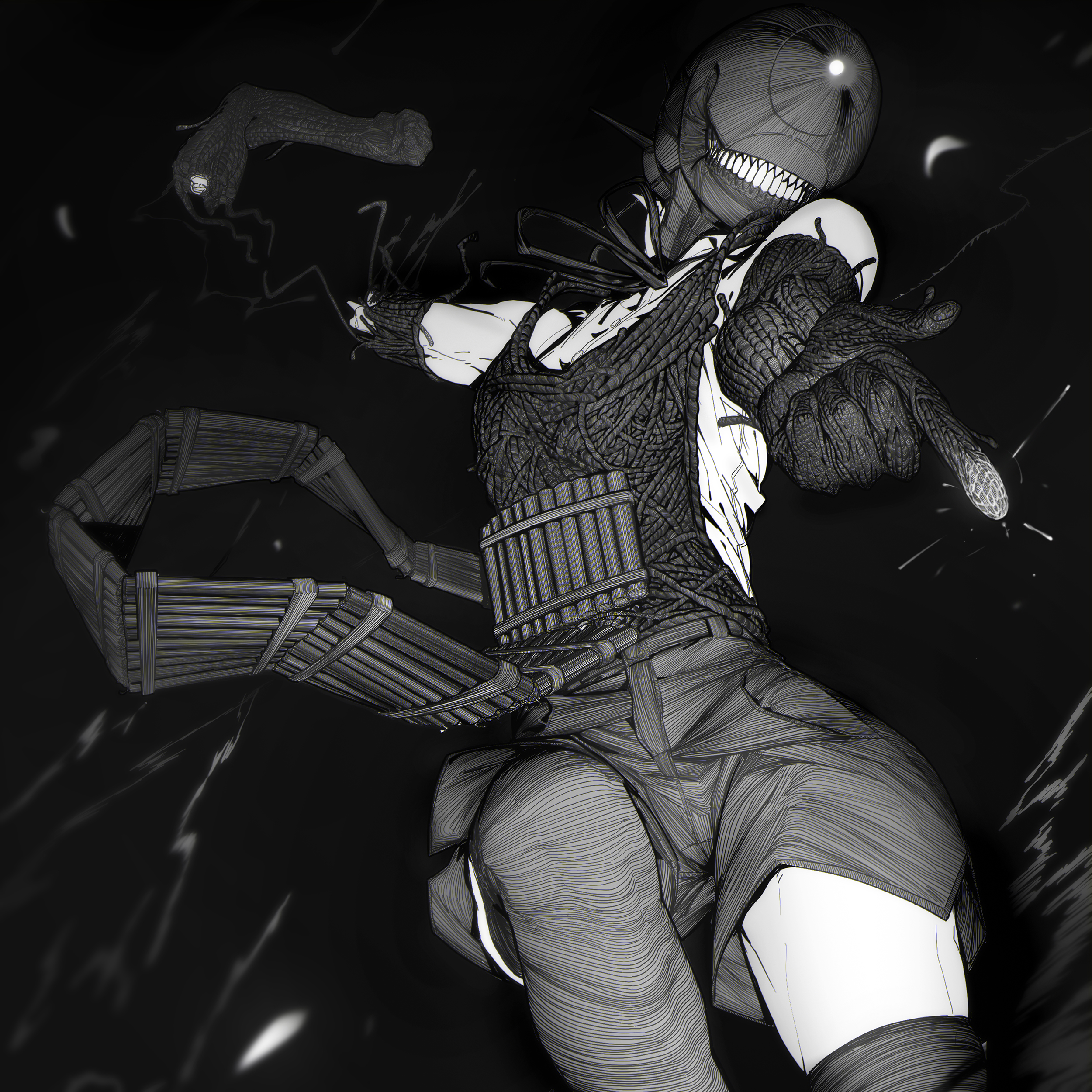 jaeb (kkrt0302), bomb devil (chainsaw man), chainsaw man, absurdres, hashtag-only commentary, highres, 1girl, apron, dynamite, elbow gloves, explosive, gloves, greyscale, monochrome, neck ribbon, object head, pointing, ribbon, severed arm, severed limb, shirt, shorts, sleeveless, sleeveless shirt, solo, teeth, thighhighs