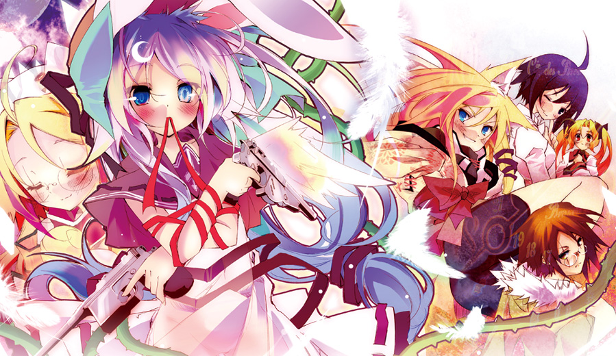 kamiya yuu, ayase shinji, ichigaya hiroki, izayoi (e.a.r.t.h), kurosaki ren, shiro (e.a.r.t.h), tama (e.a.r.t.h), e.a.r.t.h, 1boy, 5girls, animal ears, blue eyes, glasses, gun, multiple girls, purple hair, rabbit ears, ribbon, school uniform, weapon