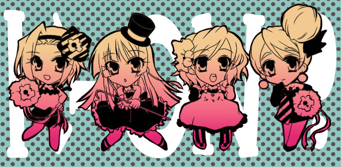 chaa, akiyama mio, hirasawa yui, kotobuki tsumugi, tainaka ritsu, don't say "lazy", k-on!, bad id, bad pixiv id, 00s, 4girls, chibi, hair bun, hat, ho-kago tea time, mini hat, mini top hat, monochrome, multiple girls, polka dot, polka dot background, single hair bun, top hat