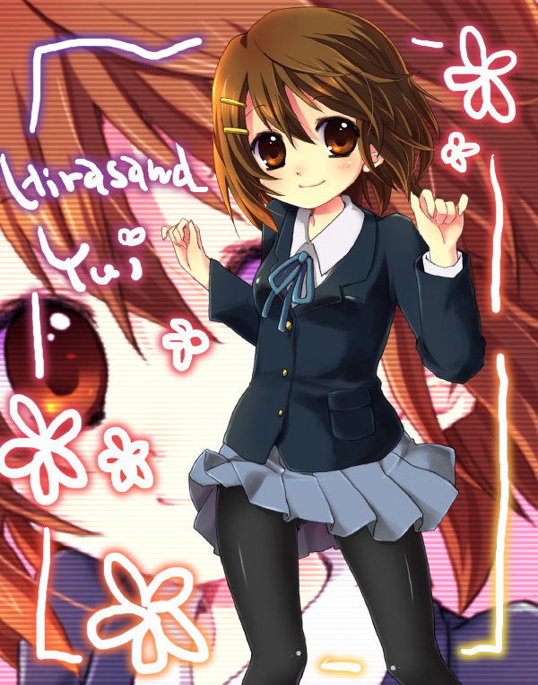 haruno ichigo, hirasawa yui, k-on!, bad id, bad pixiv id, 00s, 1girl, blush, brown eyes, brown hair, female focus, hair ornament, hairclip, pantyhose, school uniform, short hair, smile, solo, zoom layer