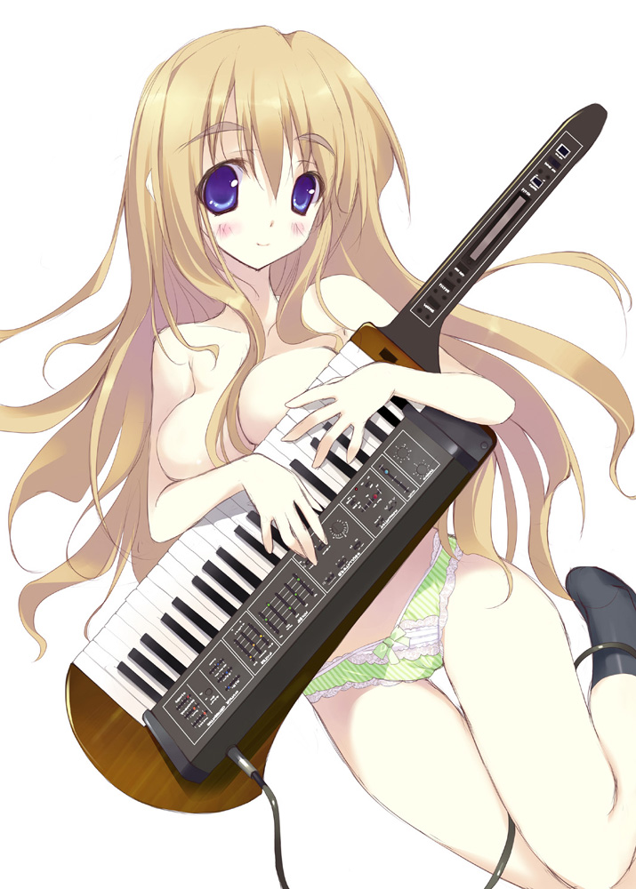 tsurusaki takahiro, kotobuki tsumugi, k-on!, eyebrows, bad id, bad pixiv id, 00s, 1girl, blonde hair, blue eyes, female focus, green panties, instrument, keytar, long hair, panties, solo, synthesizer, topless female, underwear, underwear only