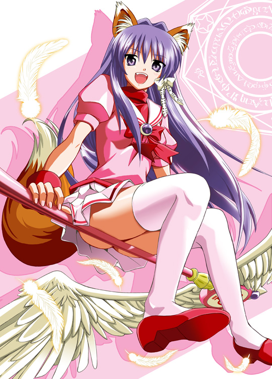 naka noboru, fujibayashi kyou, clannad, bad id, bad pixiv id, 00s, 1girl, animal ears, feathers, female focus, fox ears, fox tail, legs, long hair, magical girl, purple eyes, purple hair, sidesaddle, solo, staff, tail, teeth, thighhighs, upskirt, wings