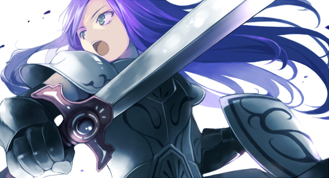 ryou (kimagure), 1girl, armor, female focus, green eyes, knight, long hair, medieval, purple hair, shield, solo, sword, weapon
