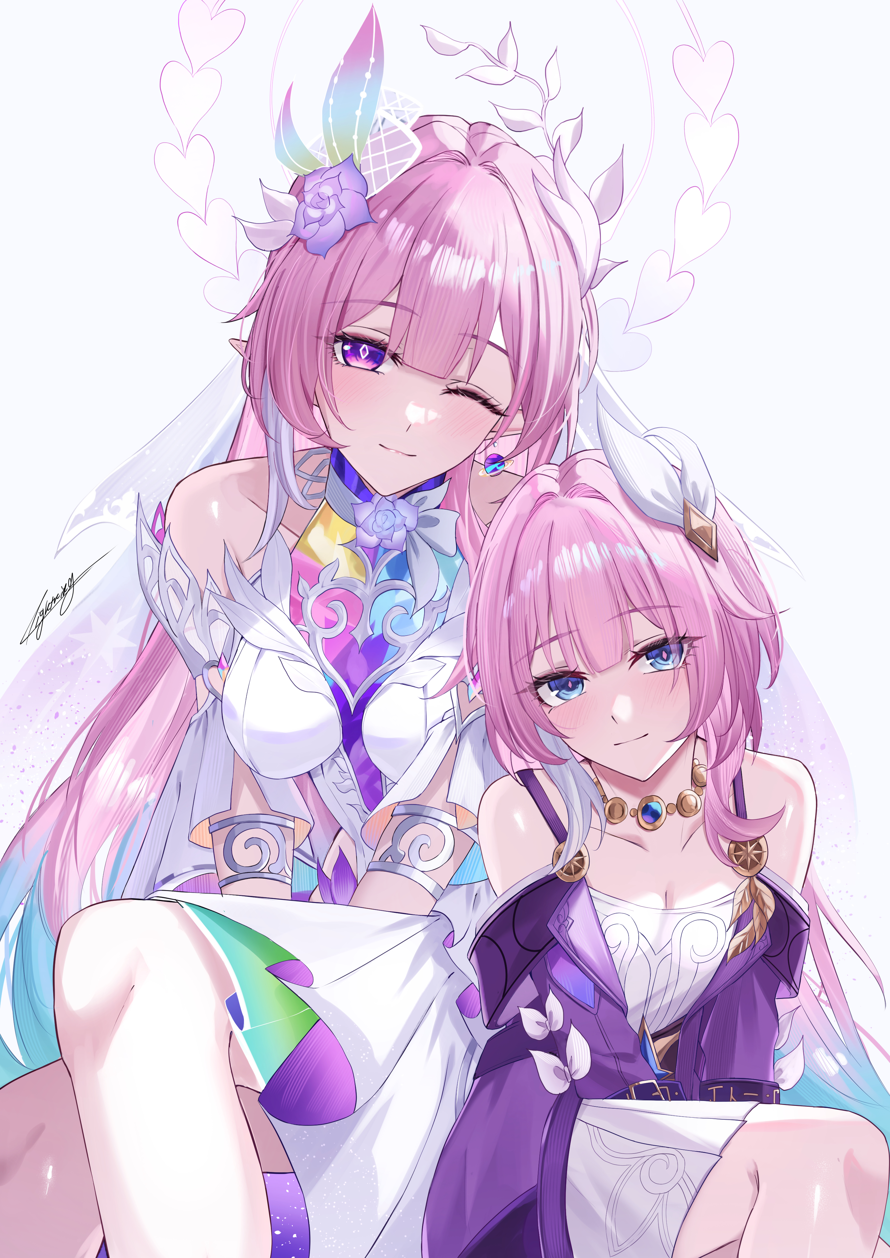 miya-chan (lightning0730), cyrene (honkai: star rail), cyrene (ripples of past reverie) (honkai: star rail), honkai: star rail, honkai (series), absurdres, commentary, highres, 2girls, aqua hair, bare shoulders, blue eyes, breasts, cleavage, coat, cyrene (aedes elysiae) (honkai: star rail), diamond-shaped pupils, diamond (shape), dress, dual persona, hair flaps, halo, jewelry, large breasts, long hair, multicolored hair, multiple girls, necklace, pink hair, purple coat, purple eyes, simple background, small breasts, symbol-shaped pupils, two-tone hair, very long hair, white background, white dress, white hair