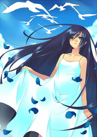 ryou (kimagure), original, bad id, bad pixiv id, 1girl, bird, black hair, blue eyes, dress, female focus, gradient background, long hair, outdoors, petals, sky, solo, very long hair