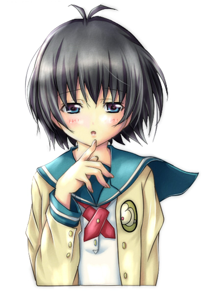 miruriru, kikuchi makoto, idolmaster, idolmaster xenoglossia, 00s, 1girl, antenna hair, black hair, blue eyes, blue sailor collar, female focus, sailor collar, school uniform, serafuku, short hair, simple background, solo