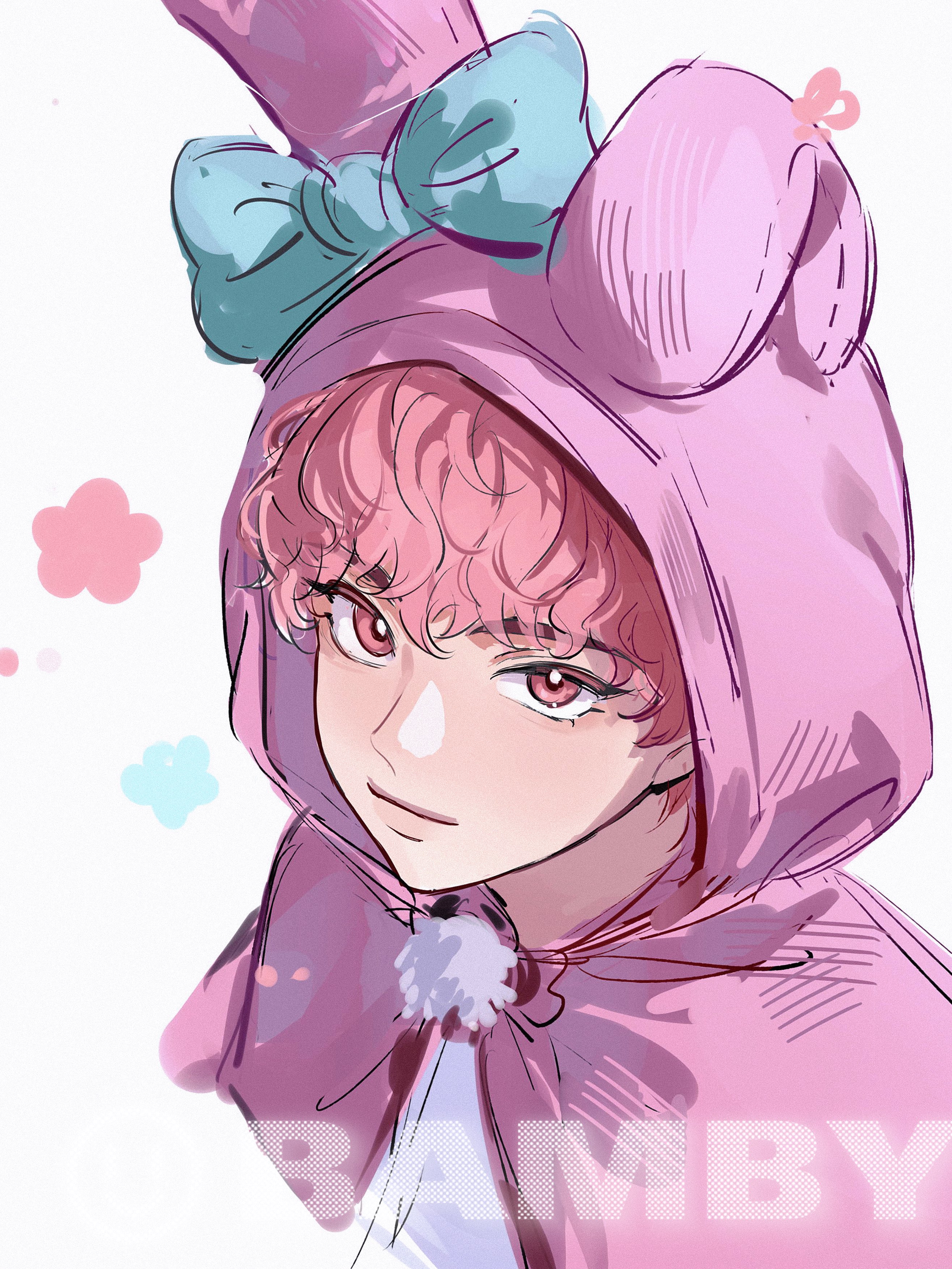 dasssv, bamby (plave), plave, absurdres, highres, 1boy, animal ear hood, blue bow, bow, closed mouth, cropped torso, eyelashes, fake animal ears, hood, hood up, hooded shrug, looking at viewer, male focus, pink eyes, pink hair, pink shrug, sanpaku, shirt, short hair, shrug (clothing), smile, solo, wavy hair, white background, white shirt