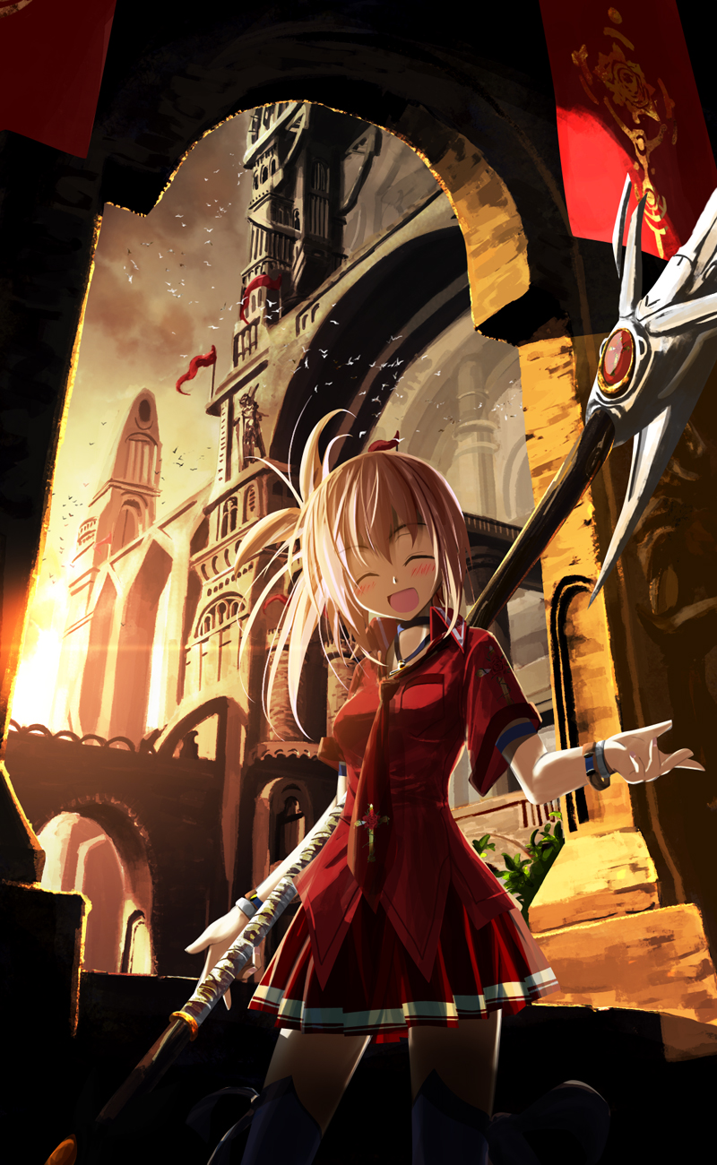 kouji (astral reverie), highres, 1girl, ^ ^, bird, bridge, building, castle, closed eyes, female focus, pink hair, pleated skirt, red shirt, red skirt, shirt, skirt, smile, weapon