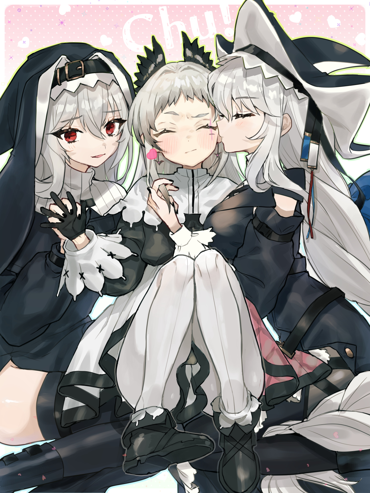 nochatea, irene (arknights), specter (arknights), specter the unchained (arknights), arknights, commentary request, highres, 3girls, black boots, black gloves, black hat, black shoes, blush, boots, closed eyes, closed mouth, dual persona, facing viewer, front-seamed legwear, gloves, hair between eyes, hand in another's hair, hat, headscarf, heart, holding hands, interlocked fingers, kissing ear, long hair, long sleeves, looking at viewer, multiple girls, pantyhose, profile, red eyes, seamed legwear, shoes, white hair, white pantyhose, yuri