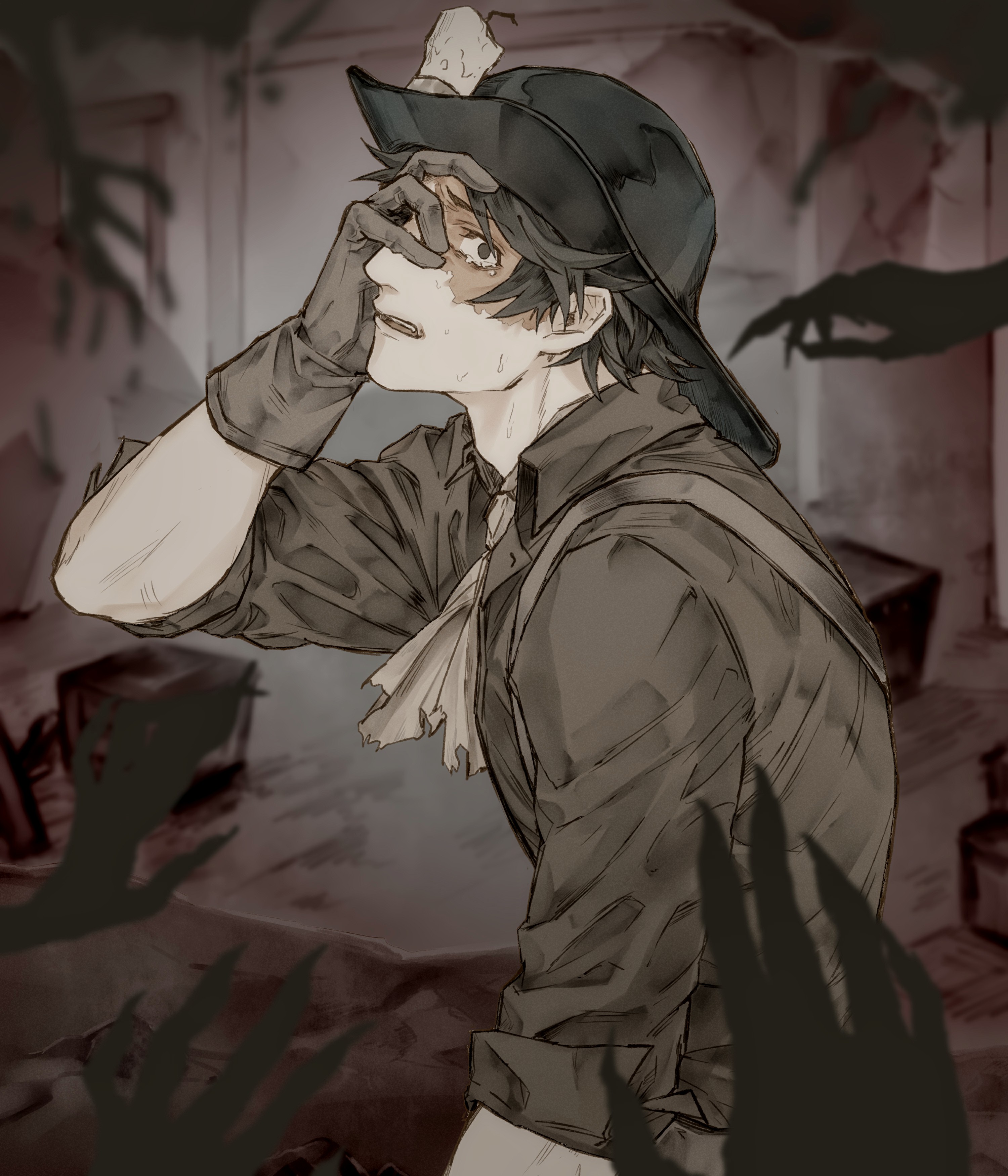 kiichi ichi, norton campbell, identity v, absurdres, highres, 1boy, ascot, black eyes, black hair, black hat, brown gloves, brown shirt, candle, claws, from side, gloves, hand on own face, hat, head back, male focus, profile, reaching, reaching towards another, scar, scar across eye, scar on face, shadow hands, shirt, sleeves rolled up, sweat, tearing up, upper body, yellow ascot