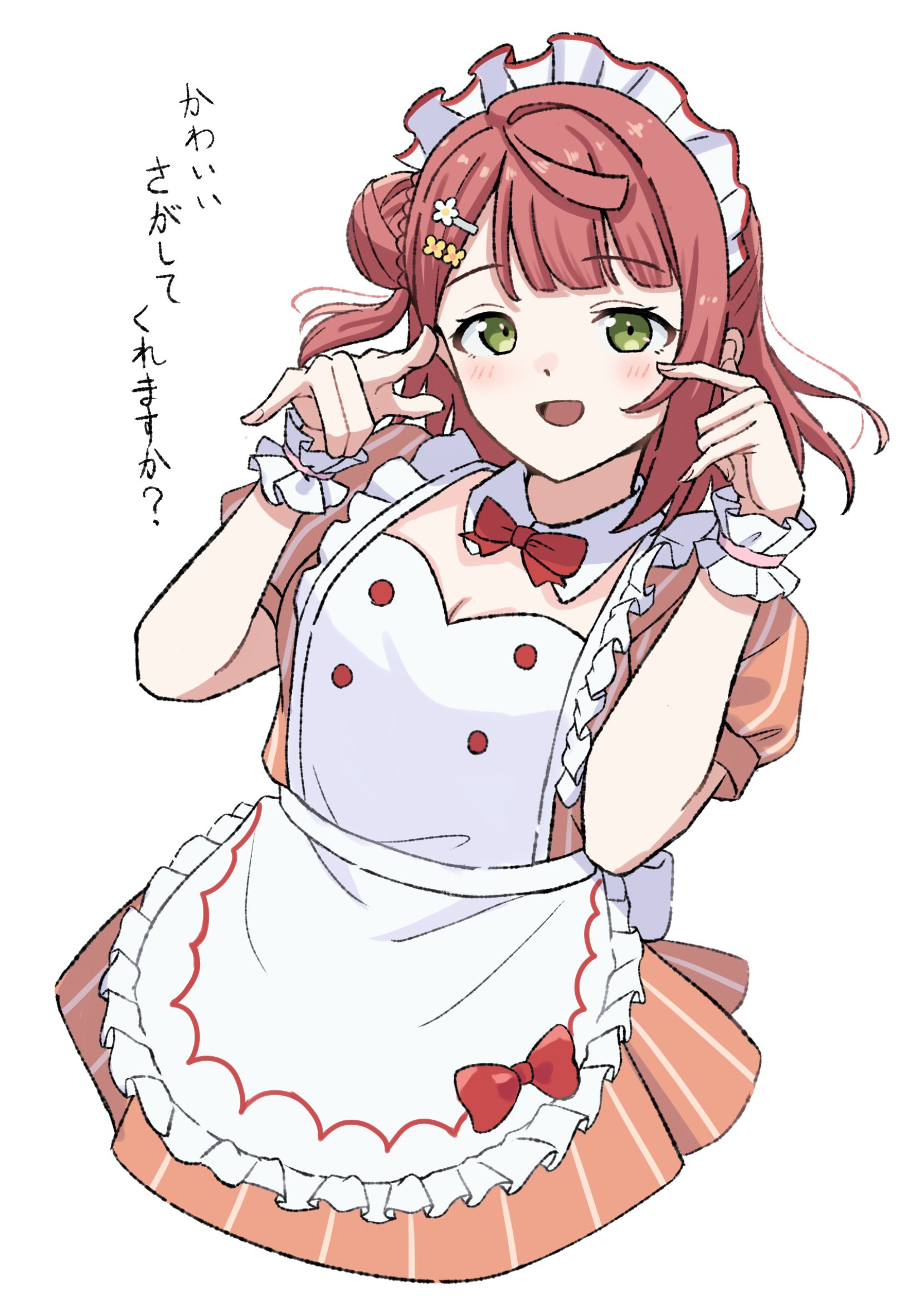 keitaro tension, uehara ayumu, love live!, love live! nijigasaki high school idol club, commentary request, highres, 1girl, :d, ai scream! (love live!), braid, breasts, bun with braided base, buttons, cleavage, detached collar, double-breasted, dress, flower hairpin, green eyes, hair bun, hands up, looking at viewer, medium breasts, medium hair, official alternate costume, open mouth, orange dress, pink hair, pinstripe dress, pinstripe pattern, puffy short sleeves, puffy sleeves, short sleeves, simple background, single side bun, smile, solo, white background