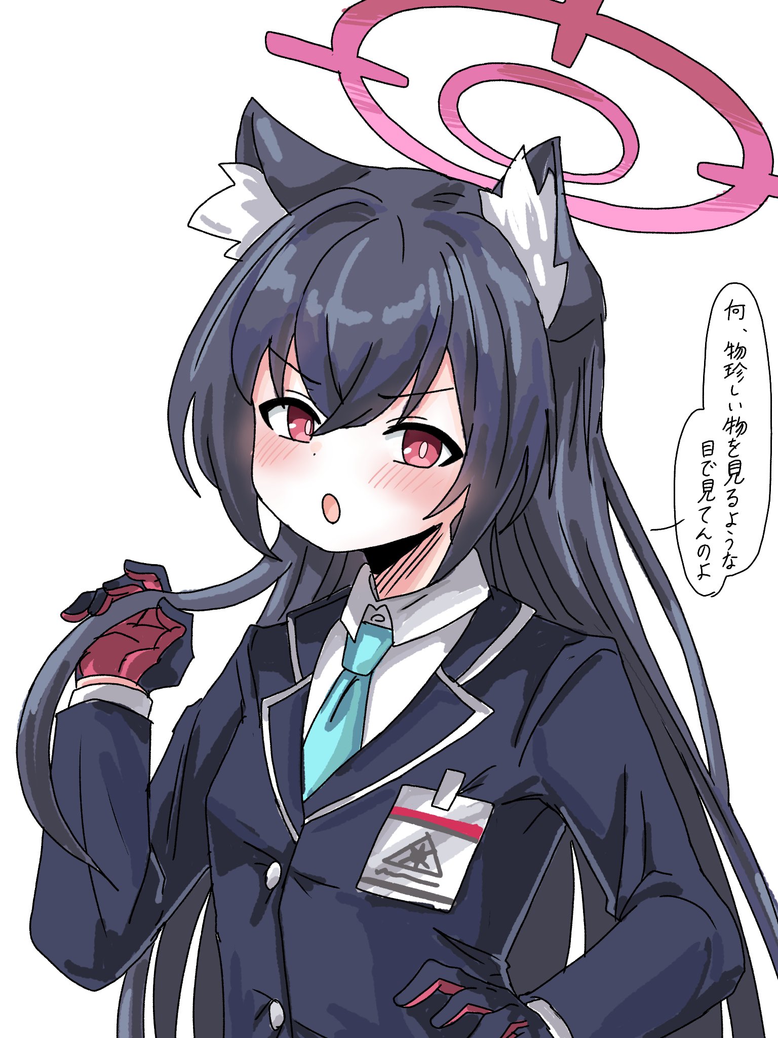 tachikaze miyako, serika (blue archive), blue archive, highres, translation request, 1girl, abydos high school logo, alternate hairstyle, animal ear fluff, animal ears, black gloves, black hair, black jacket, blue necktie, blush, bright pupils, cat ears, cat girl, collared shirt, frown, gloves, hair between eyes, hair down, halo, hand on own hip, hand up, holding, holding own hair, id card, jacket, long hair, long sleeves, looking at viewer, necktie, open mouth, pink halo, red eyes, school uniform, shirt, sidelocks, simple background, solo, speech bubble, straight hair, upper body, v-shaped eyebrows, very long hair, white background, white pupils, white shirt