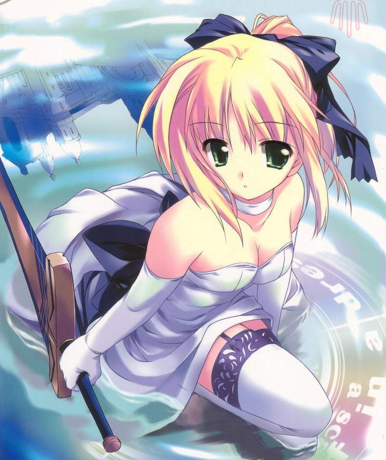 blonde hair, bow, breasts, choker, cleavage, dress, elbow gloves, gloves, gown, green eyes, hair bow, reflection, short hair, sword, thighhighs, weapon