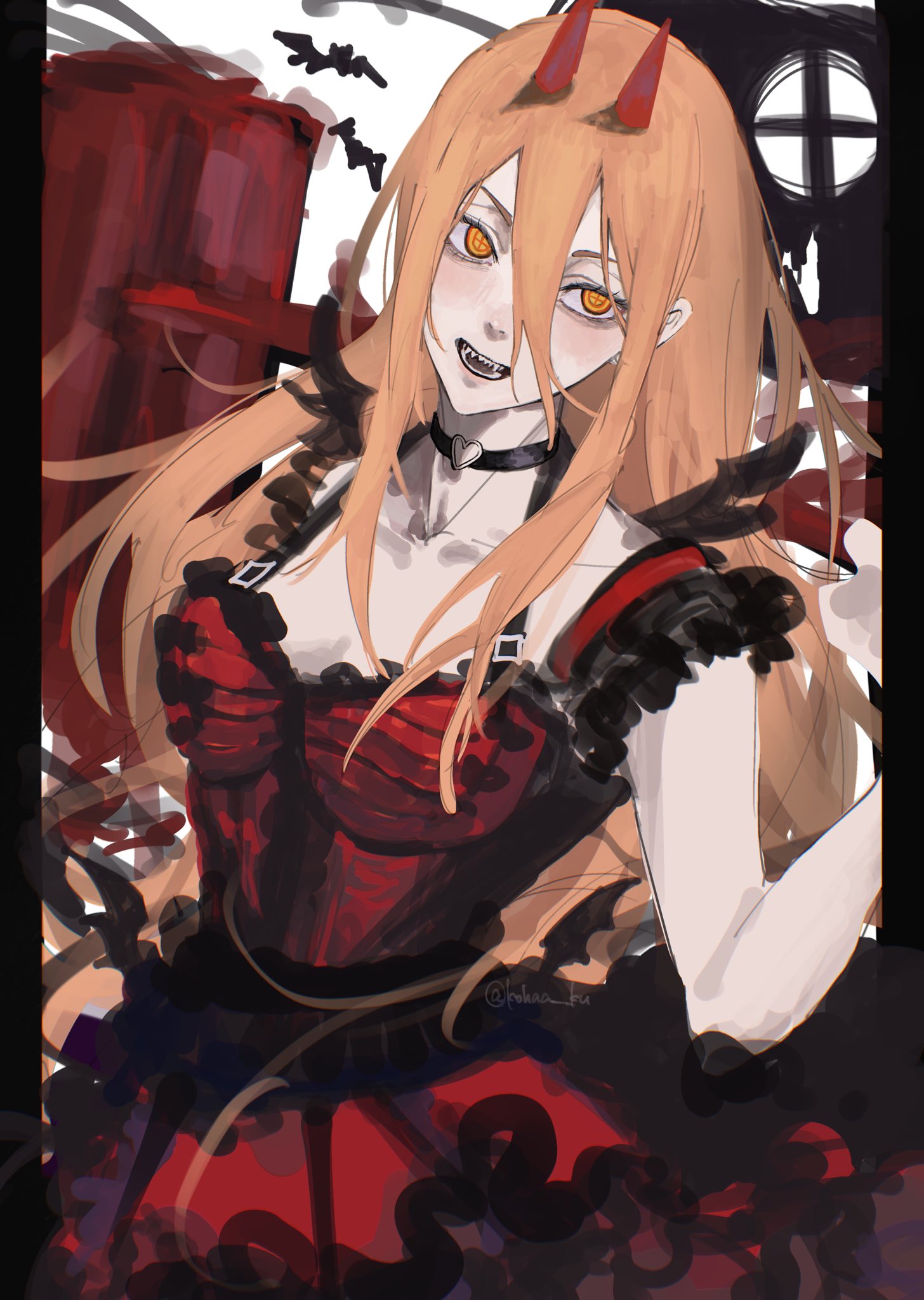 kohaa ku, power (chainsaw man), chainsaw man, highres, 1girl, alternate costume, bat (animal), blonde hair, breasts, choker, cross-shaped pupils, demon girl, demon horns, dress, hair between eyes, heart, heart choker, hemokinesis, horns, long hair, medium breasts, open mouth, red dress, red horns, sharp teeth, solo, symbol-shaped pupils, teeth, yellow eyes