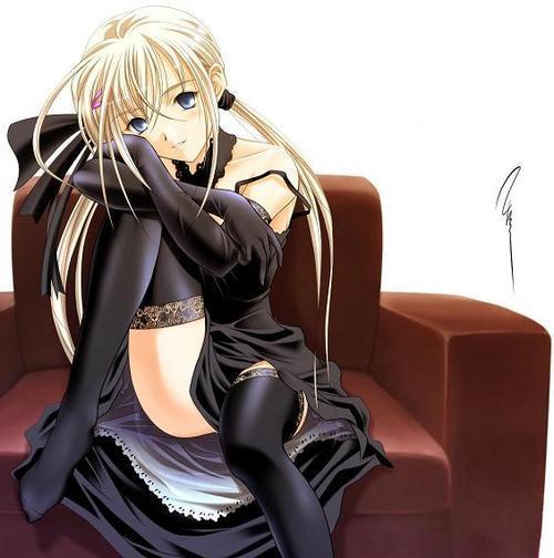 black legwear, artist request, character request, source request, blonde hair, blue eyes, blush, chair, dress, gown, long hair, simple background, sitting, thighhighs, white background