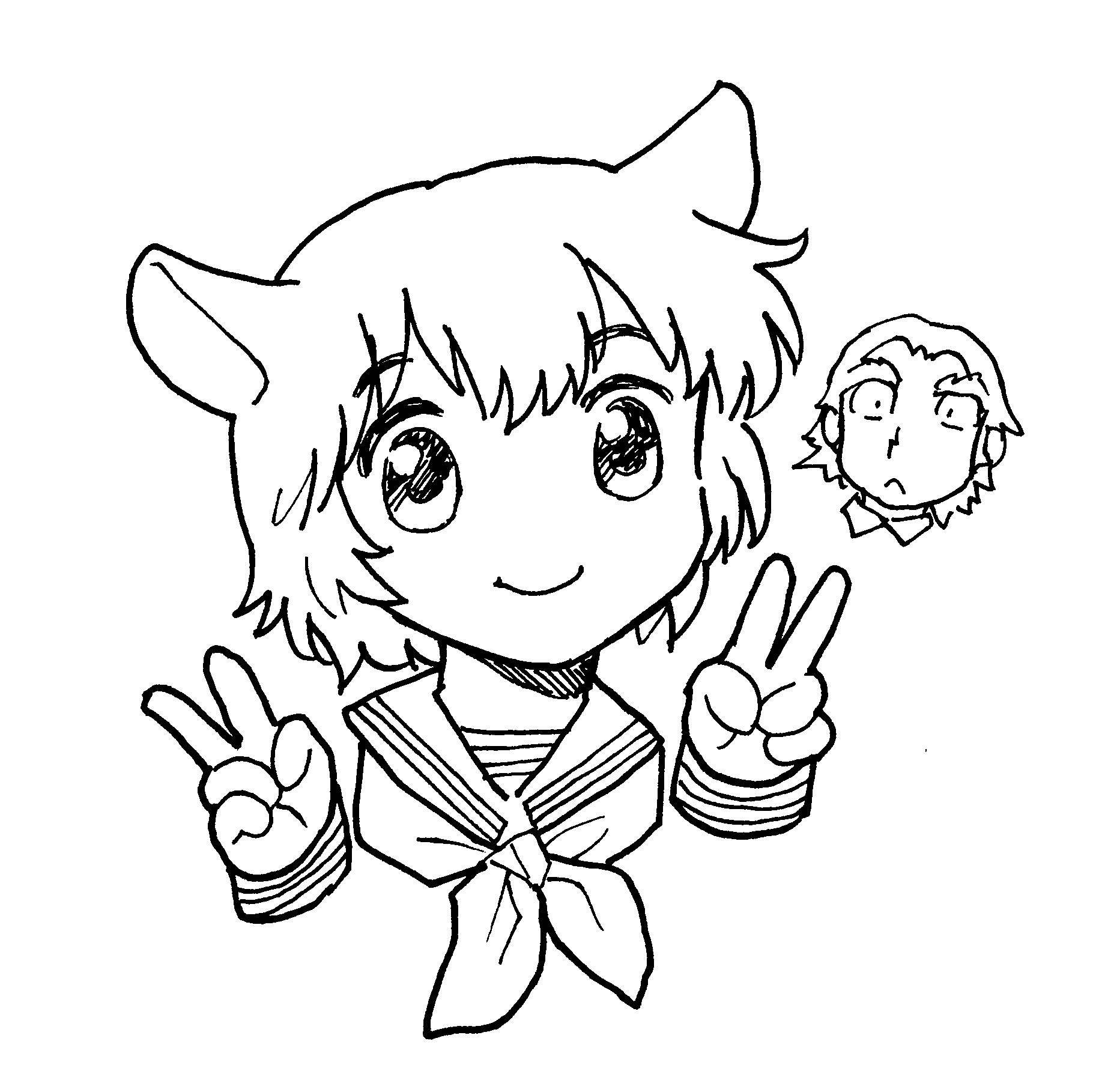 shinozaki rei, original, highres, 1girl, :3, animal ears, blush, double v, greyscale, looking at viewer, monochrome, school uniform, serafuku, short hair, simple background, smile, v, w, white background