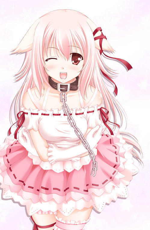 belt, blush, chain, collar, frills, hair ribbon, happy, long hair, pink hair, red eyes, ribbon, wink