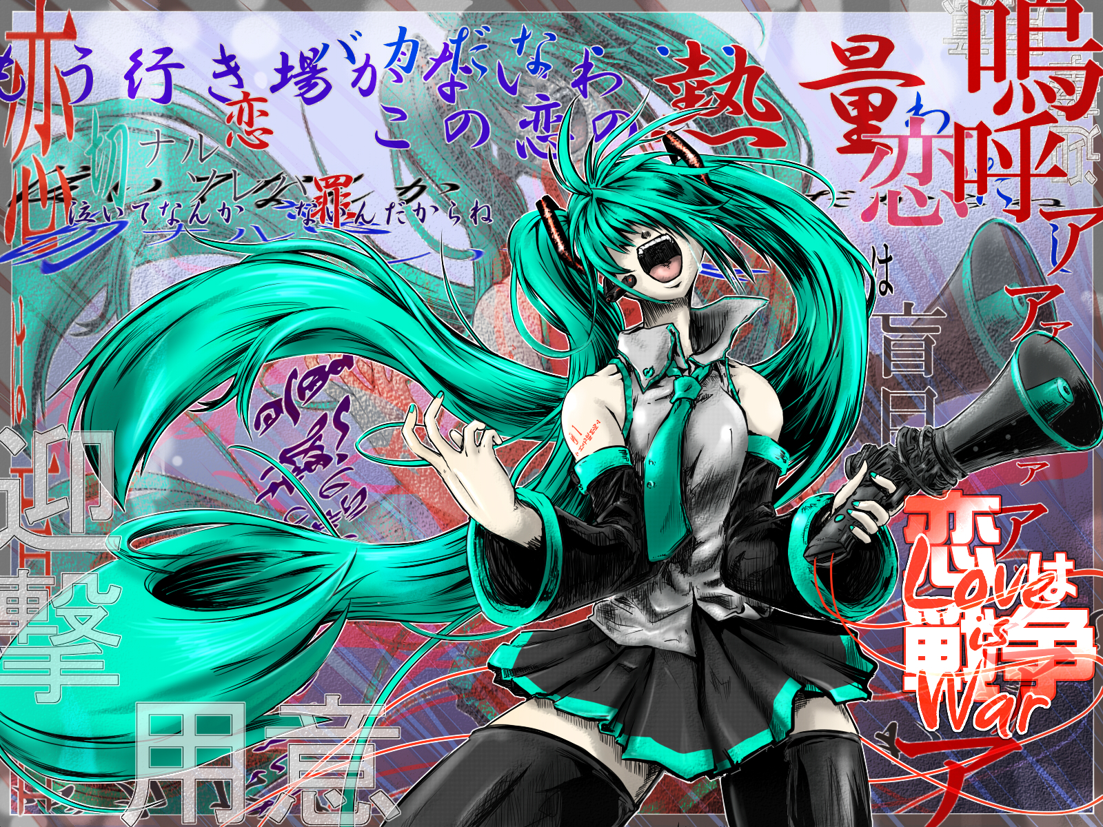 ledjoker07, hatsune miku, koi wa sensou (vocaloid), vocaloid, highres, translation request, 1girl, aqua hair, aqua nails, bare shoulders, black thighhighs, detached sleeves, female focus, green hair, hair ornament, hair over eyes, headset, laughing, long hair, megaphone, miniskirt, nail polish, necktie, open mouth, pleated skirt, screaming, skirt, solo, standing, tears, thighhighs, twintails, very long hair, zettai ryouiki, zoom layer