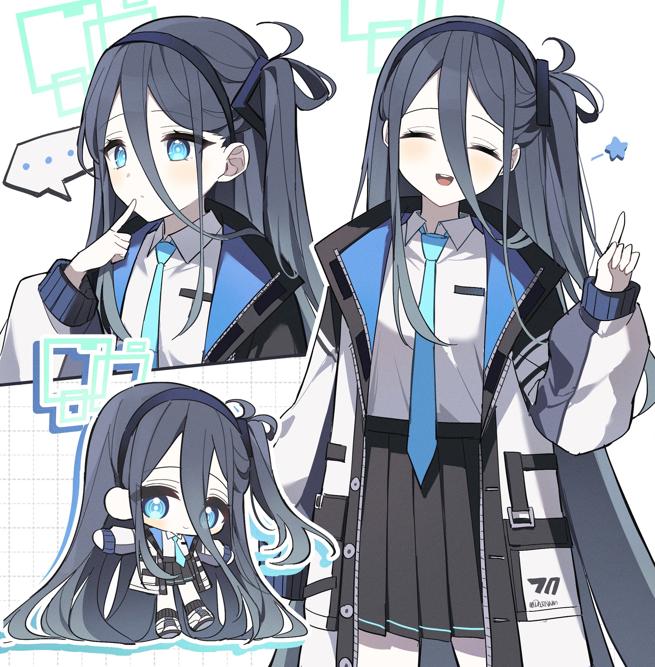 mulook, aris (blue archive), blue archive, commentary, highres, …, 1girl, :d, ^ ^, absurdly long hair, aqua eyes, aqua halo, arm at side, black hair, black hairband, black jacket, black skirt, black socks, blue jacket, blue necktie, blush, breasts, bright pupils, chibi, closed eyes, closed mouth, collared shirt, cowboy shot, double-parted bangs, drop shadow, facing viewer, finger to mouth, grid background, hair between eyes, hairband, halo, hand up, index finger raised, jacket, long bangs, long hair, long hair between eyes, long sidelocks, long sleeves, looking at viewer, multicolored jacket, multiple views, necktie, one side up, open clothes, open jacket, open mouth, outline, outstretched arms, parted lips, pleated skirt, puffy long sleeves, puffy sleeves, rectangular halo, ringed eyes, school uniform, shirt, shoes, sidelocks, simple background, skirt, small breasts, smile, socks, speech bubble, spoken ellipsis, star (symbol), teeth, thinking, two-sided fabric, two-sided jacket, upper teeth only, very long hair, white background, white jacket, white outline, white shirt, white shoes