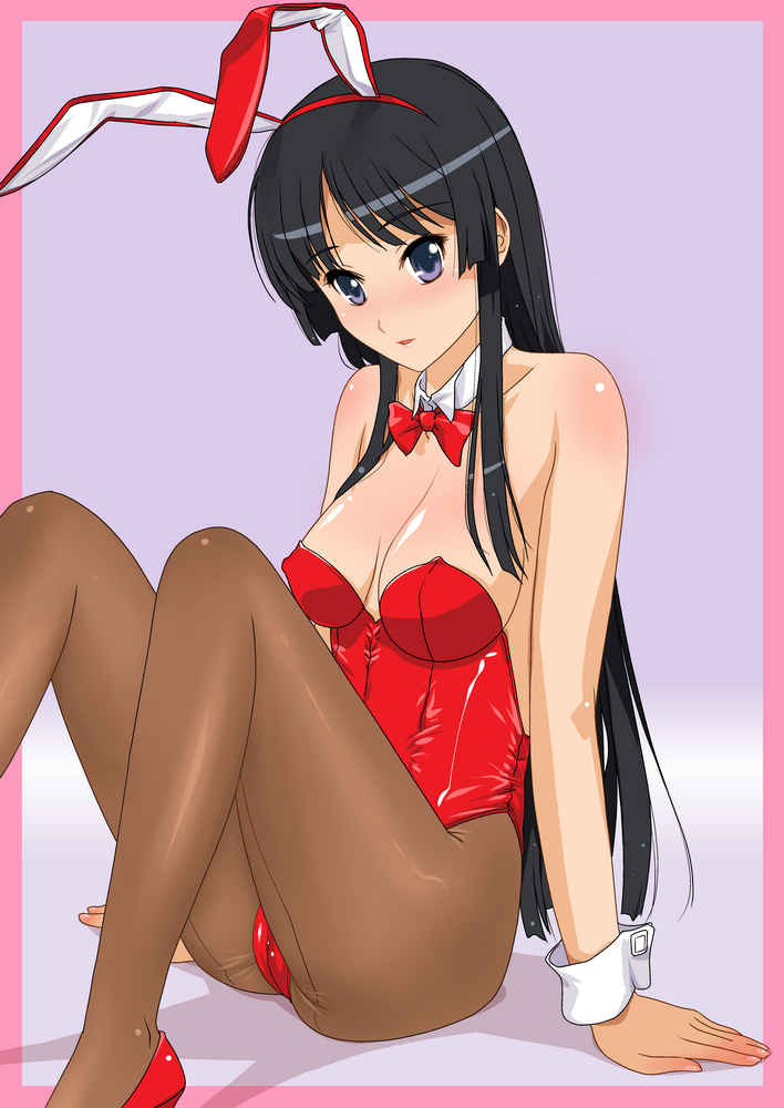 mine (peak), akiyama mio, k-on!, duplicate, 00s, 1girl, animal ears, black eyes, black hair, blunt bangs, breasts, cleavage, covered erect nipples, fake animal ears, female focus, hime cut, large breasts, long hair, pantyhose, playboy bunny, rabbit ears, solo