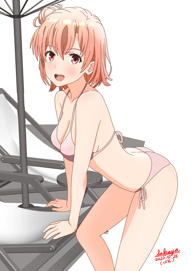 sakayaya, yuigahama yui, yahari ore no seishun lovecome wa machigatteiru., commentary request, 1girl, artist name, ass, beach chair, bikini, blush, breasts, dated, from side, looking at viewer, medium breasts, open mouth, orange eyes, orange hair, pink bikini, short hair, solo, swimsuit, thighs