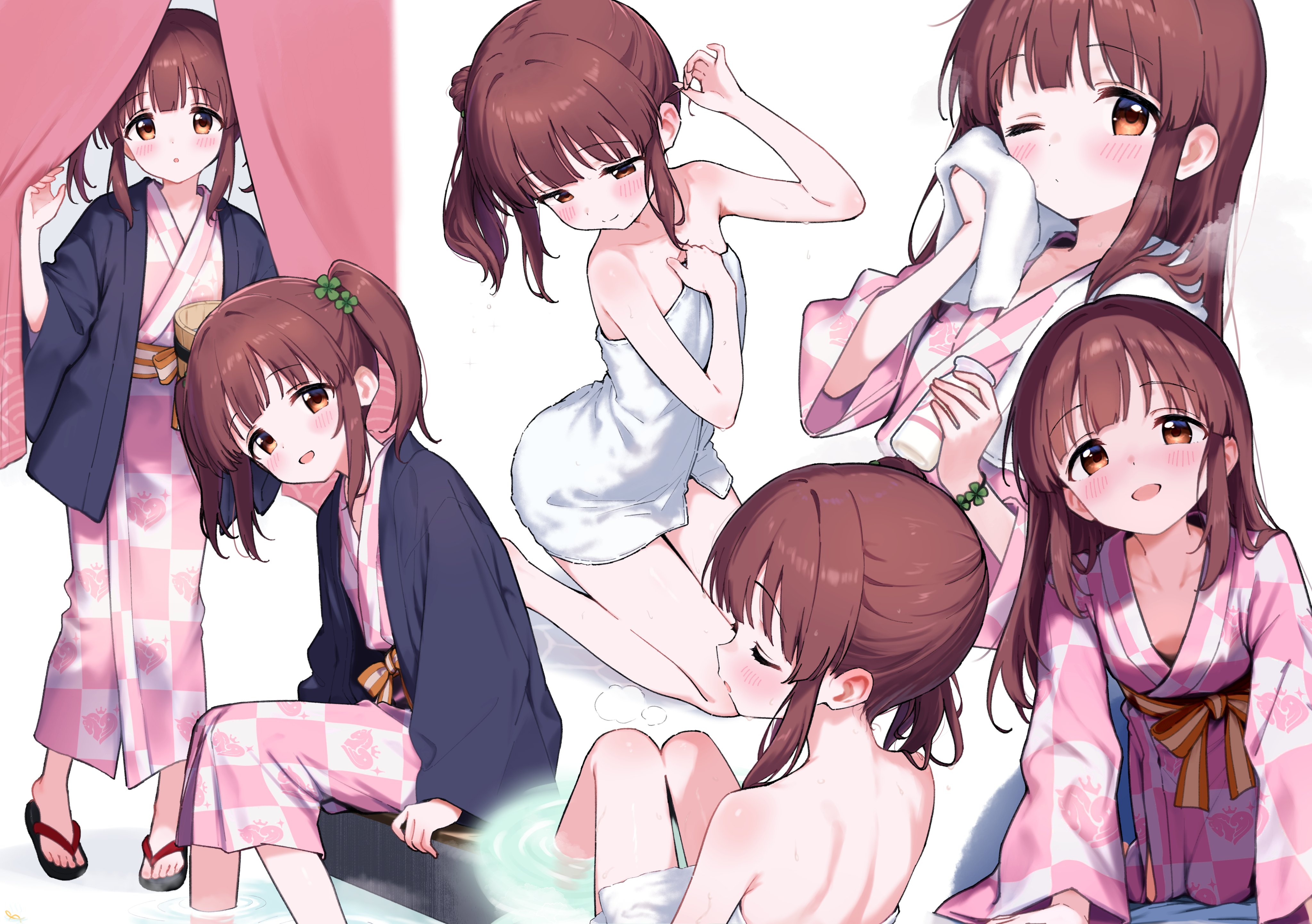 jia wenyuan, ogata chieri, absurdres, highres, 1girl, all fours, back, bath yukata, brown eyes, brown hair, collarbone, japanese clothes, kimono, legs, light blush, median furrow, multiple views, naked towel, one eye closed, onsen, side ponytail, sitting, standing, steam, towel, twintails, yukata