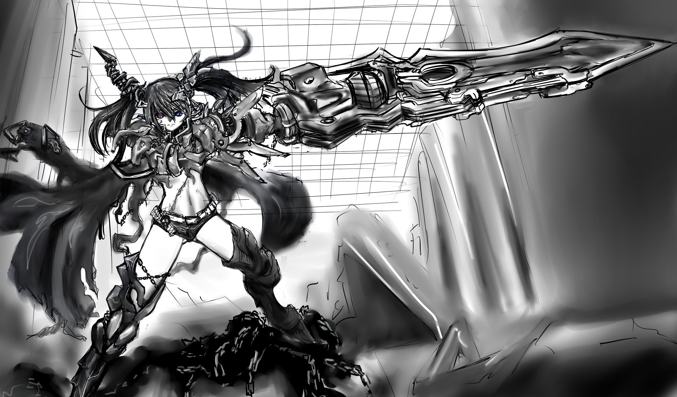 ledjoker07, hatsune miku, insane black rock shooter, black rock shooter, vocaloid, highres, unfinished, 10s, 1girl, armor, belt, black hair, boots, chain, female focus, gauntlets, greaves, heterochromia, huge weapon, long hair, midriff, monochrome, purple eyes, scar, shorts, sketch, solo, spot color, thigh boots, thighhighs, weapon